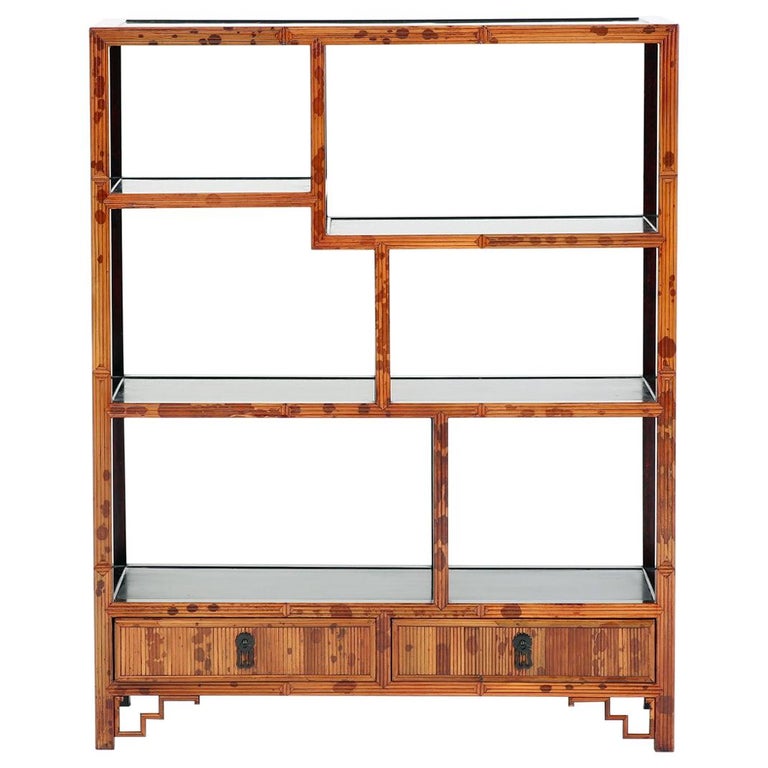 Spotted Bamboo Chinoiserie Curio Shelves Display Cabinet For Sale at 1stDibs