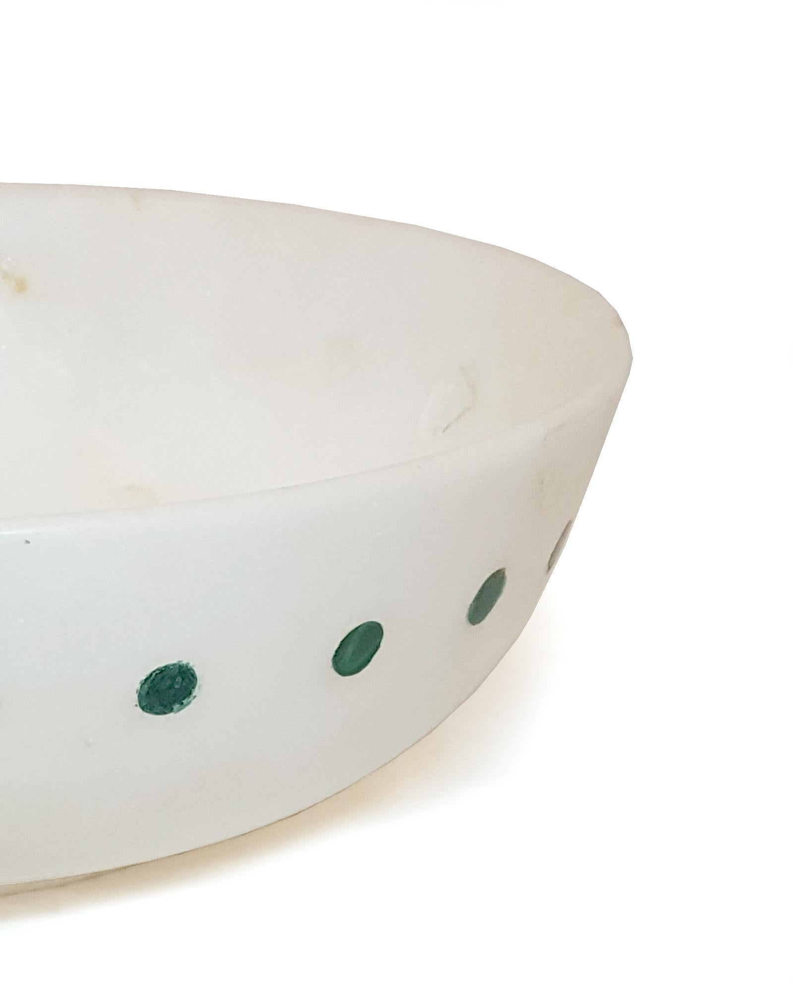 Spotted Bowl in White Marble inlayed with Malachite.


Spotted Bowl
Size-  9.5” x 9.5” x 3.5” H.
Materials - White Marble, Malachite, Hand-Carved


Buyer Cancellation-
The cancellation charge is 25% which increases to 50% if the  production is