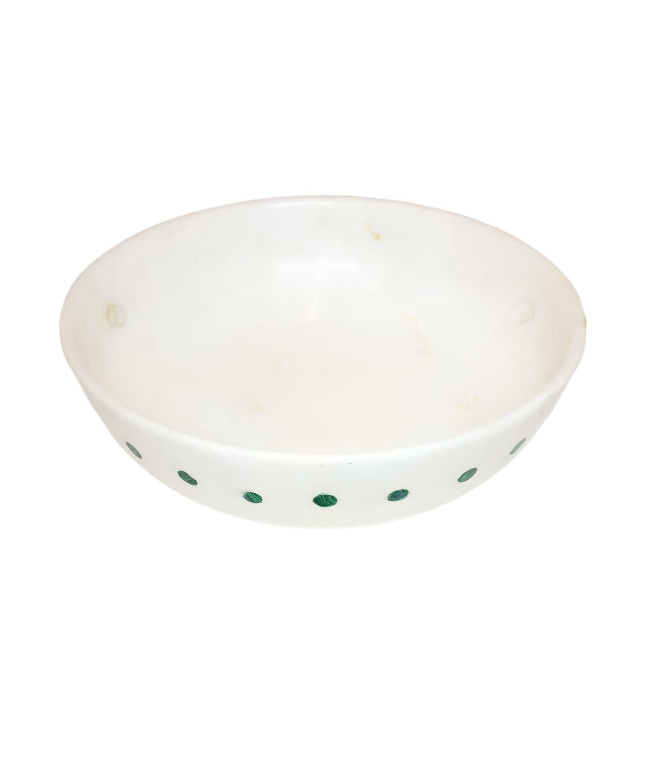 Indian Spotted Bowl Inlay in White Marble Handcrafted in India by Stephanie Odegard For Sale
