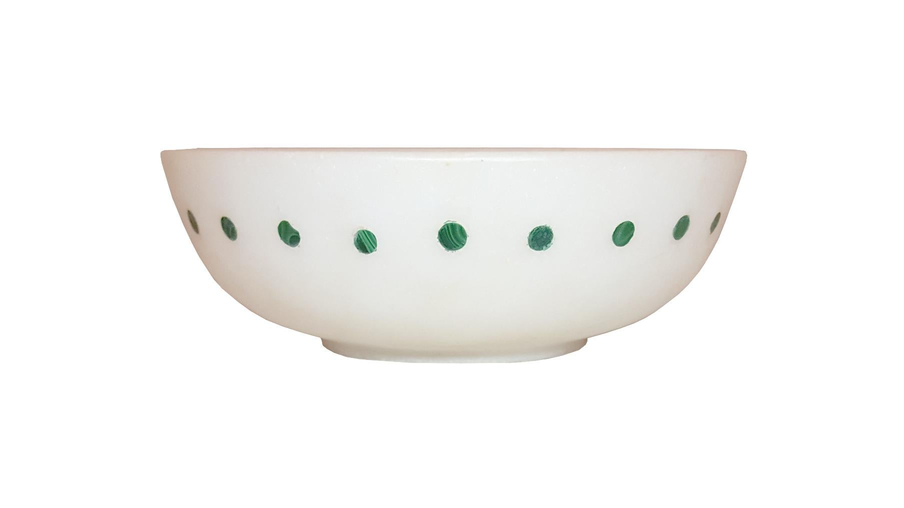 Hand-Carved Spotted Bowl Inlay in White Marble Handcrafted in India by Stephanie Odegard For Sale