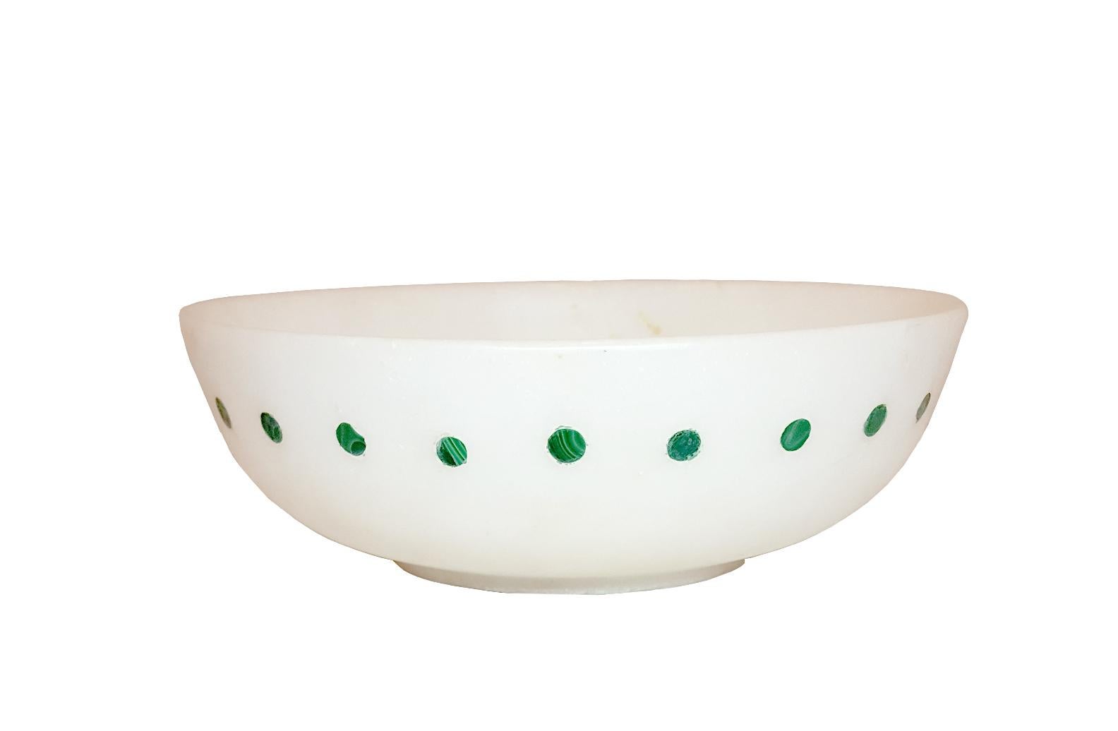 Spotted Bowl Inlay in White Marble Handcrafted in India by Stephanie Odegard In New Condition For Sale In New York, NY