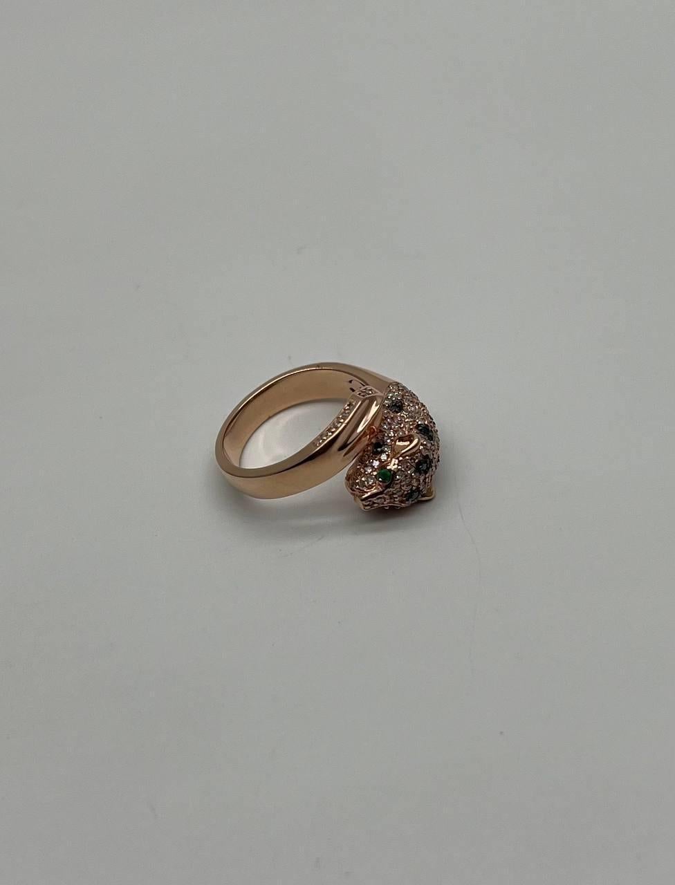 Spotted Leopard Panther Jaguar Diamond Pave 14K Rose Gold Emerald Eyes Ring In New Condition For Sale In Oakton, VA