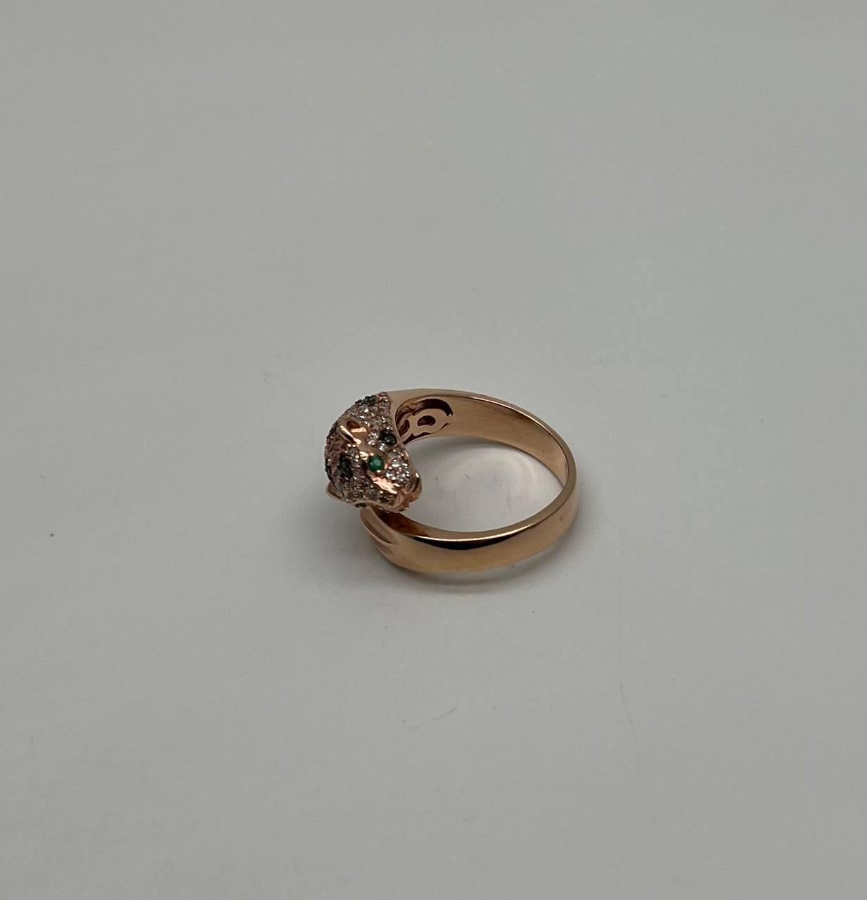 Spotted Leopard Panther Jaguar Diamond Pave 14K Rose Gold Emerald Eyes Ring In New Condition For Sale In Oakton, VA