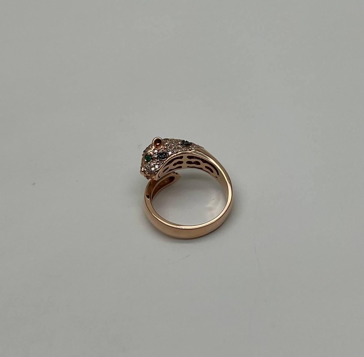 Women's Spotted Leopard Panther Jaguar Diamond Pave 14K Rose Gold Emerald Eyes Ring For Sale