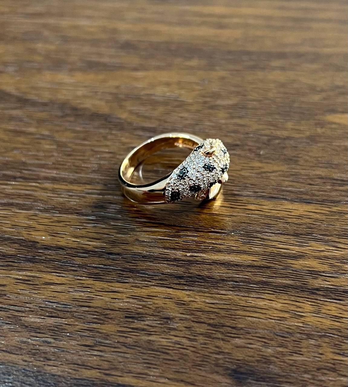 Spotted Leopard Panther Jaguar Diamond Pave 14K Rose Gold Emerald Eyes Ring For Sale 1