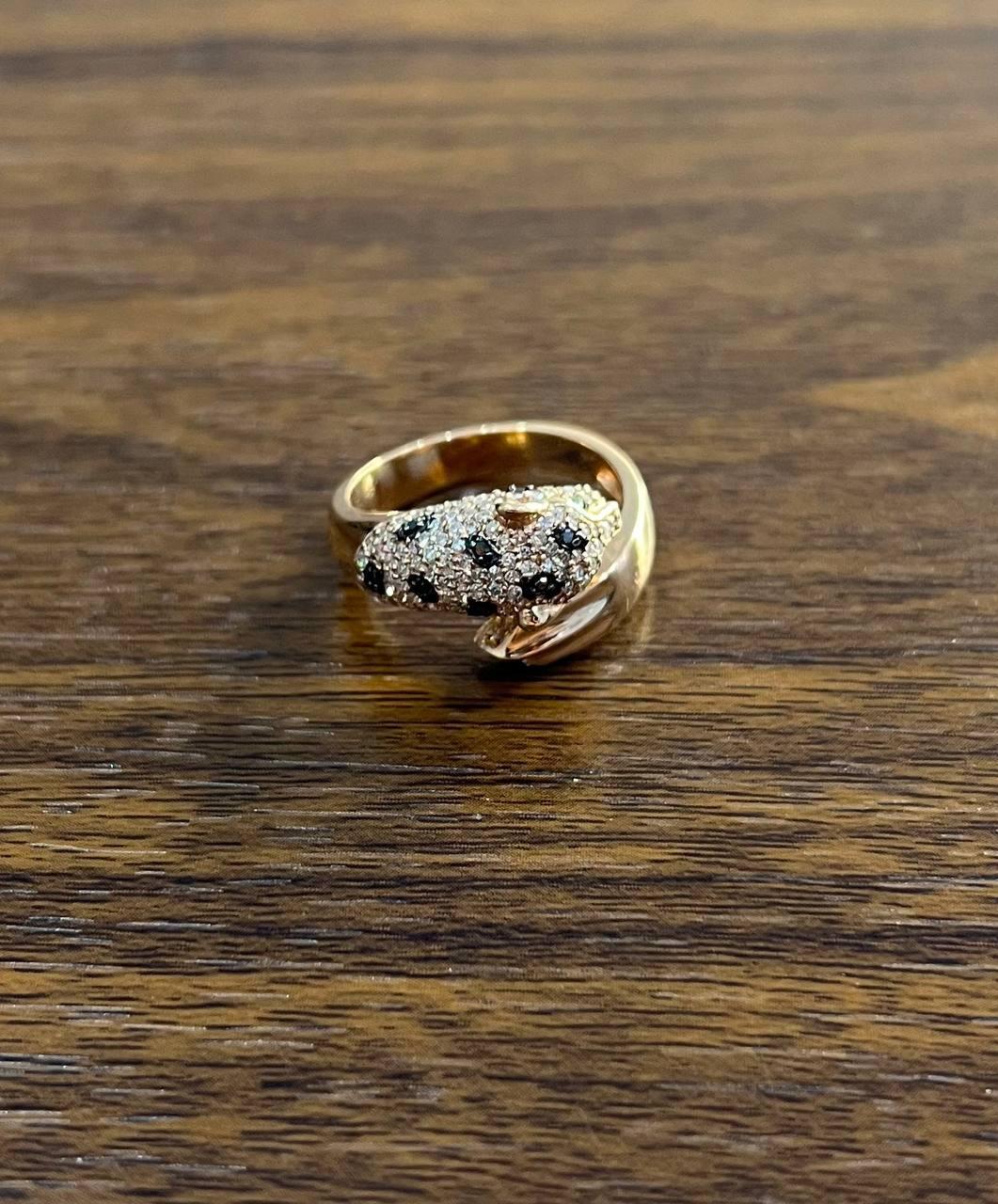 Spotted Leopard Panther Jaguar Diamond Pave 14K Rose Gold Emerald Eyes Ring For Sale 1