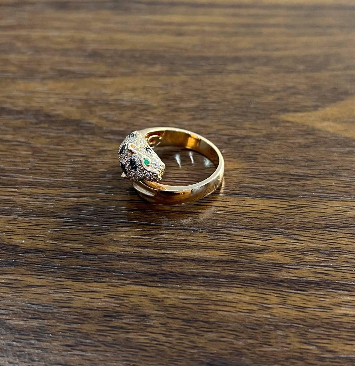 Spotted Leopard Panther Jaguar Diamond Pave 14K Rose Gold Emerald Eyes Ring For Sale 4