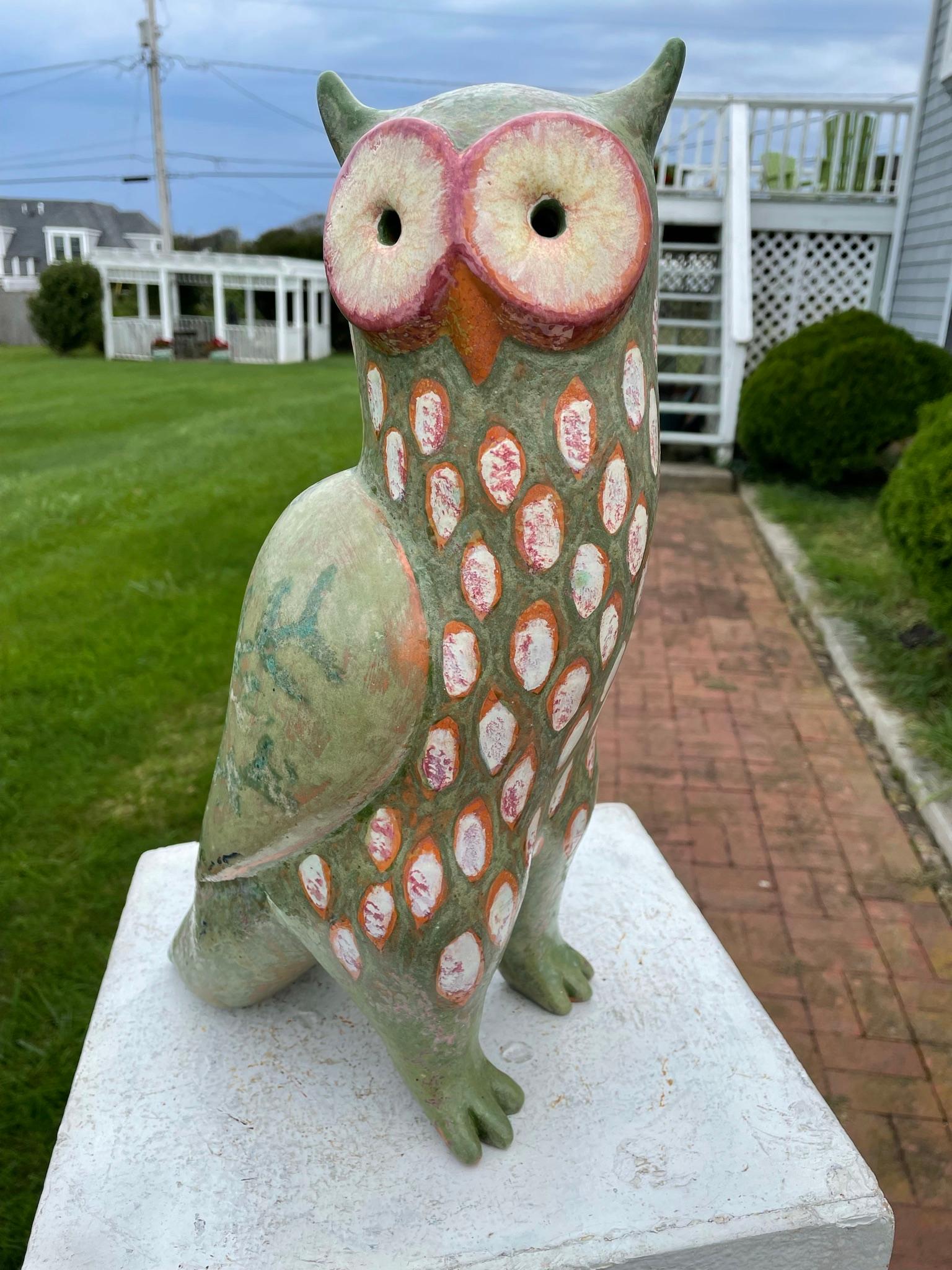 Mid-Century Modern Spotted Owl Big Sculpture Hand-Painted by Eva Fritz-Lindner