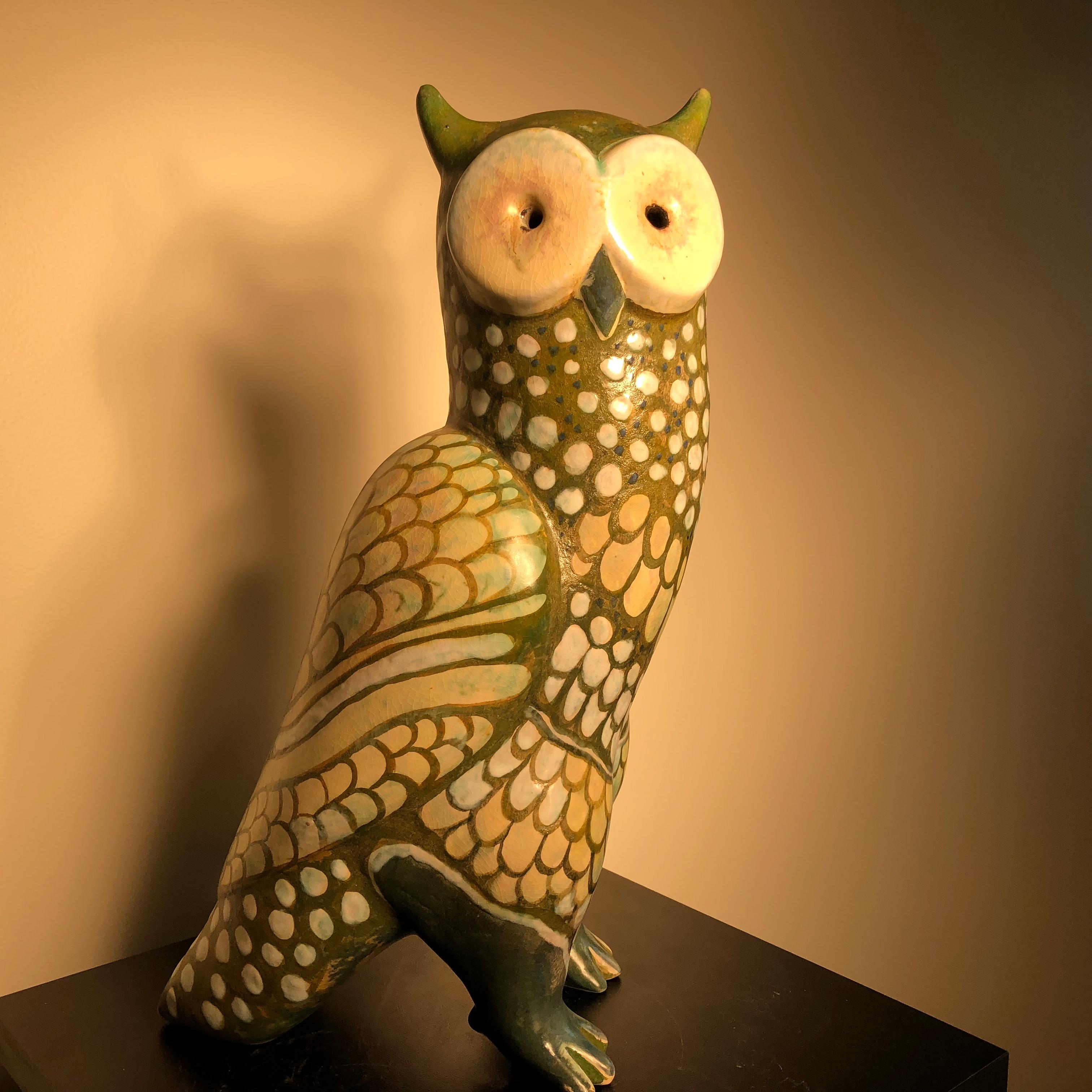 Mid-Century Modern Spotted Owl Tall Master Work Sculpture Hand-Painted by Eva Fritz-Lindner