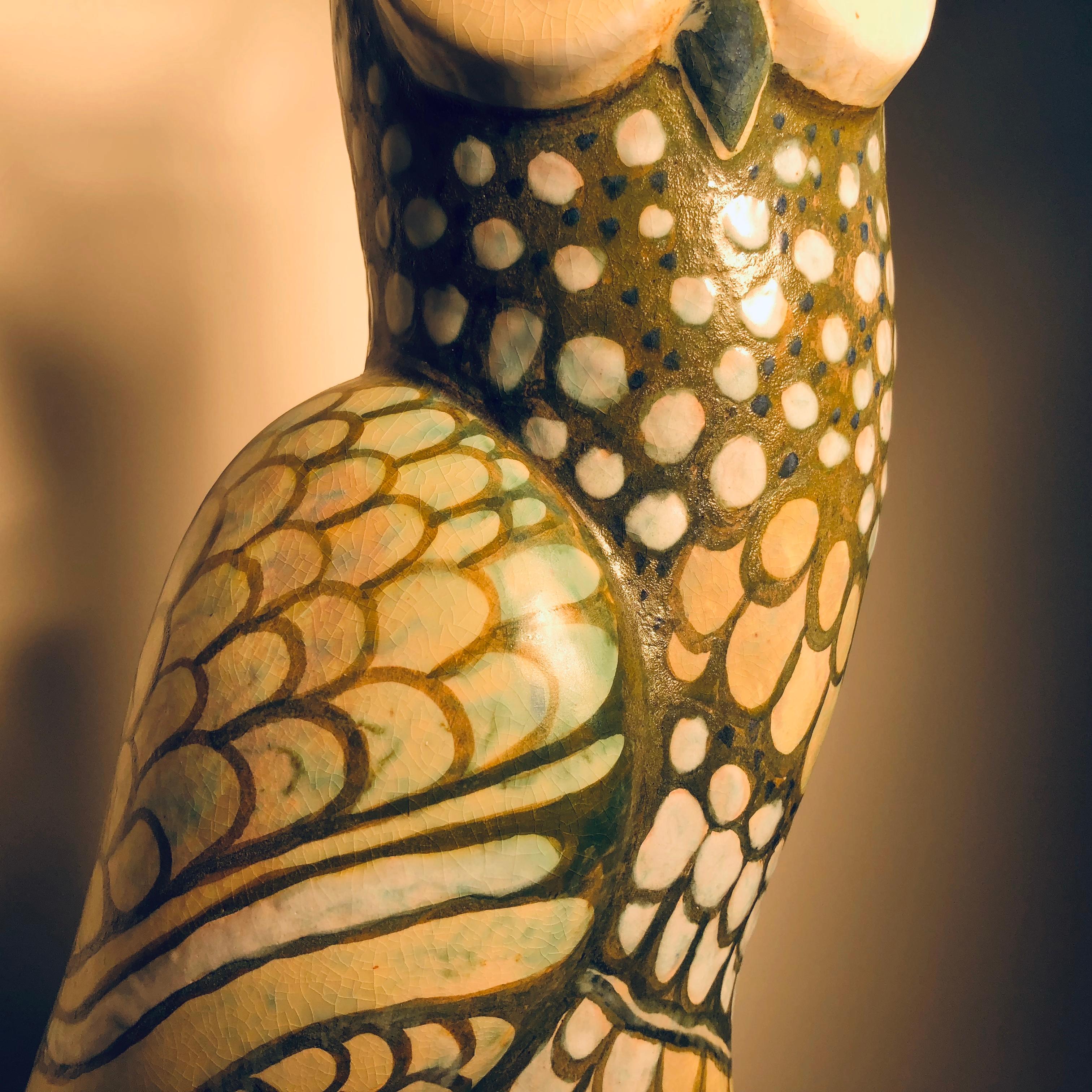 Spotted Owl Tall Master Work Sculpture Hand-Painted by Eva Fritz-Lindner In Good Condition In South Burlington, VT