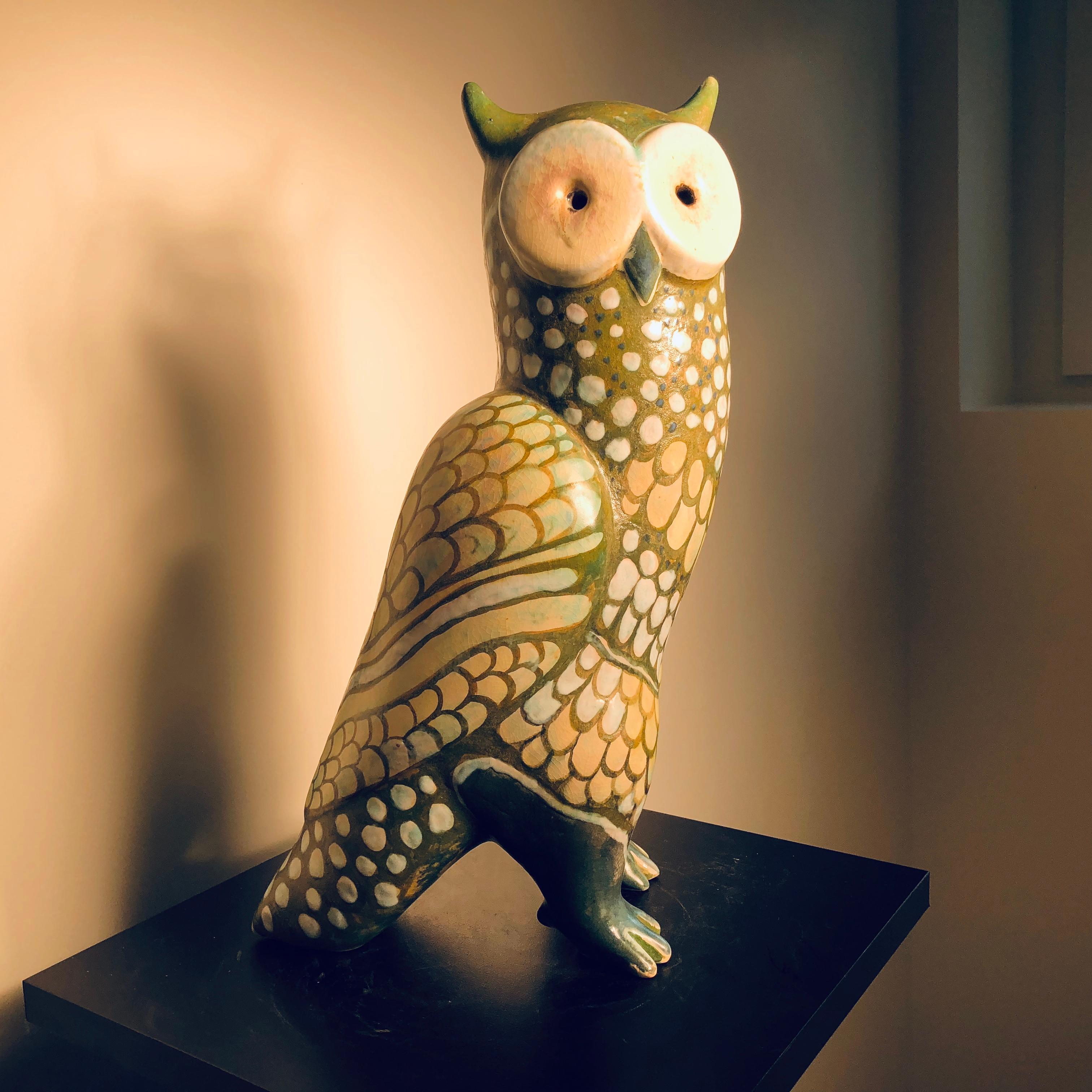 Ceramic Spotted Owl Tall Master Work Sculpture Hand-Painted by Eva Fritz-Lindner