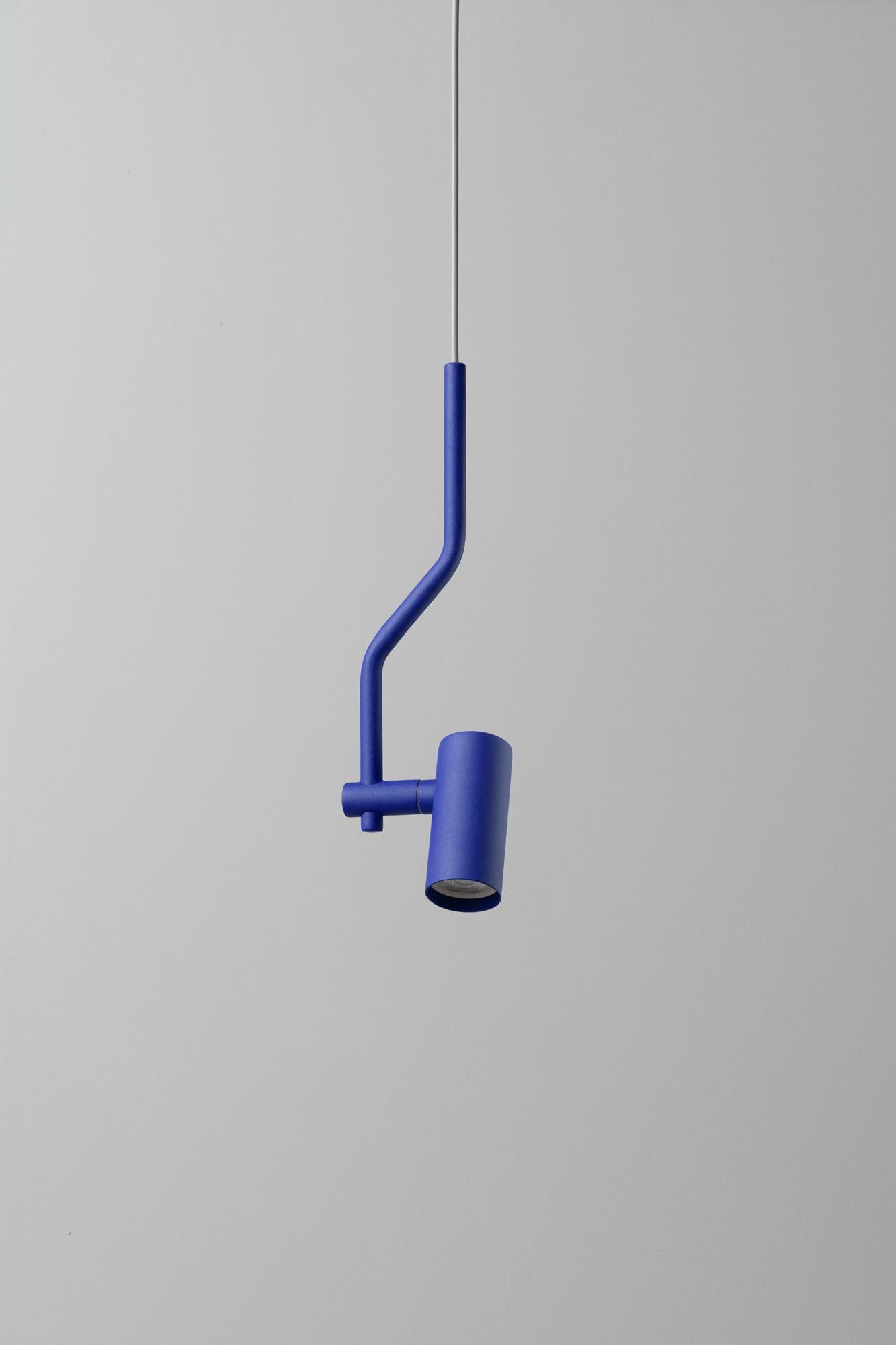 Spotty Ultra Blue Pendant Lamp by +kouple
Dimensions: D 5,4 x W 11,5 x H 39,5 cm. 
Materials: Powder-coated steel.

Available in different color options. The PVC cord length is 200 cm. Please contact us.

All our lamps can be wired according to each