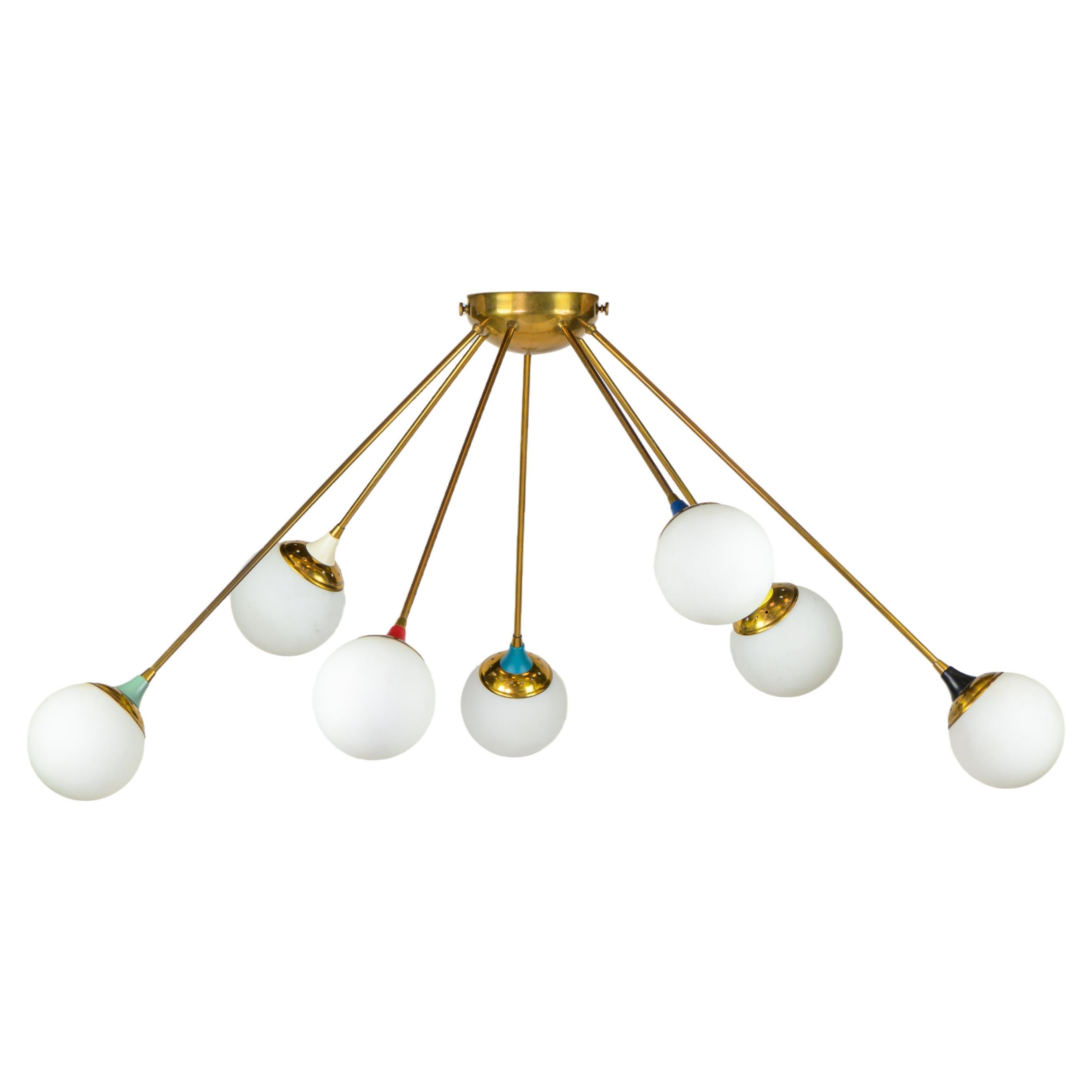 Spoutnik chandelier in brass, laquered metal and opaline glass For Sale