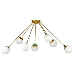 Spoutnik chandelier in brass, laquered metal and opaline glass