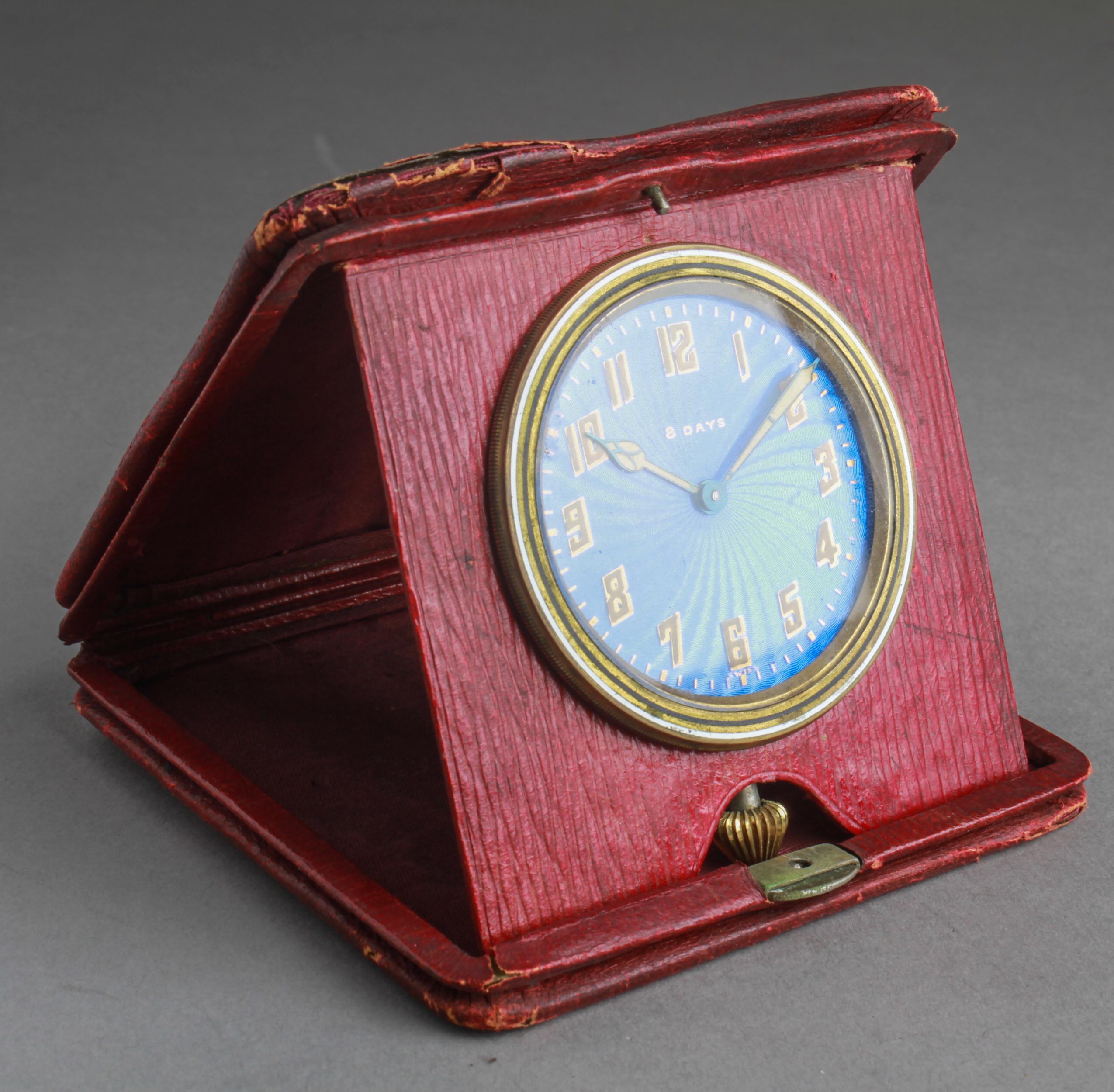 Art Deco Sprague & Co. Swiss Guilloche Enamel Travel Clock