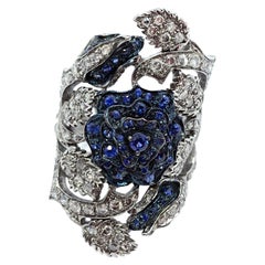 Spray of Roses White Gold Cocktail Ring with Grey Diamonds and Blue Sapphires