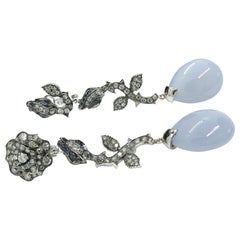 Spray of Roses White Gold Pendant Earrings with Grey Diamonds and Blue Sapphires