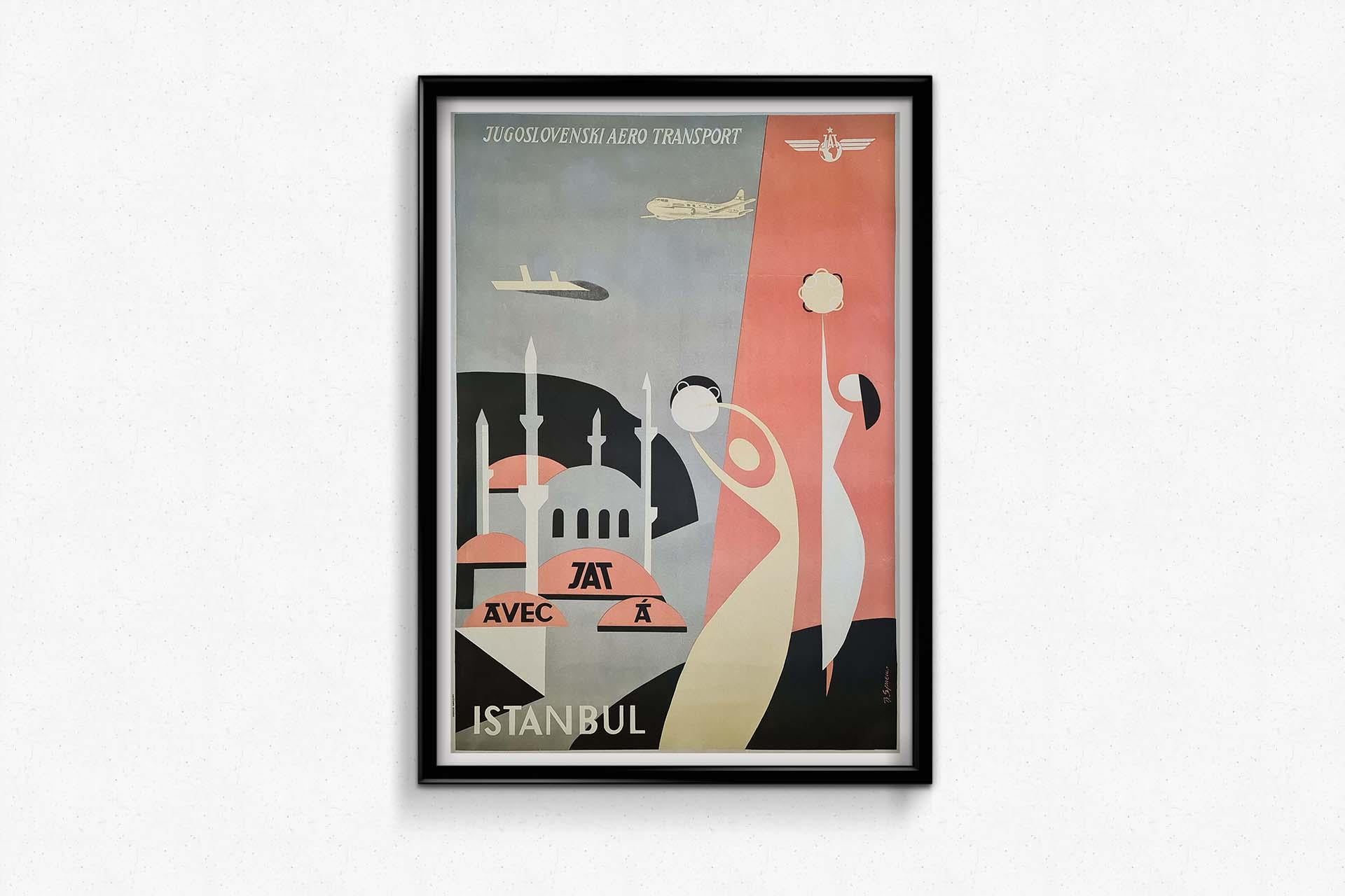 Affiche de voyage vintage de Sprewo pour Jugoslovenski Aero Transport (JAT) Istanbul en vente 3