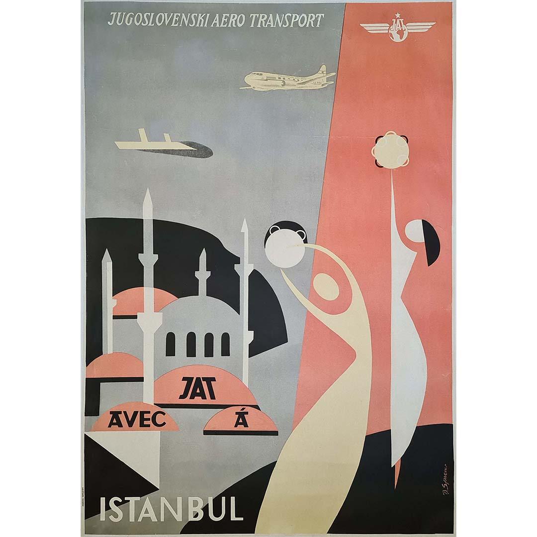 Das alte Reiseplakat von Sprewo für Jugoslovenski Aero Transport (JAT) ist ein visueller Schatz, der die Essenz des Reisens im 20. Sie wirbt für Flüge nach Istanbul und ist eine Momentaufnahme aus einer Zeit, in der das Fliegen noch eine aufregende