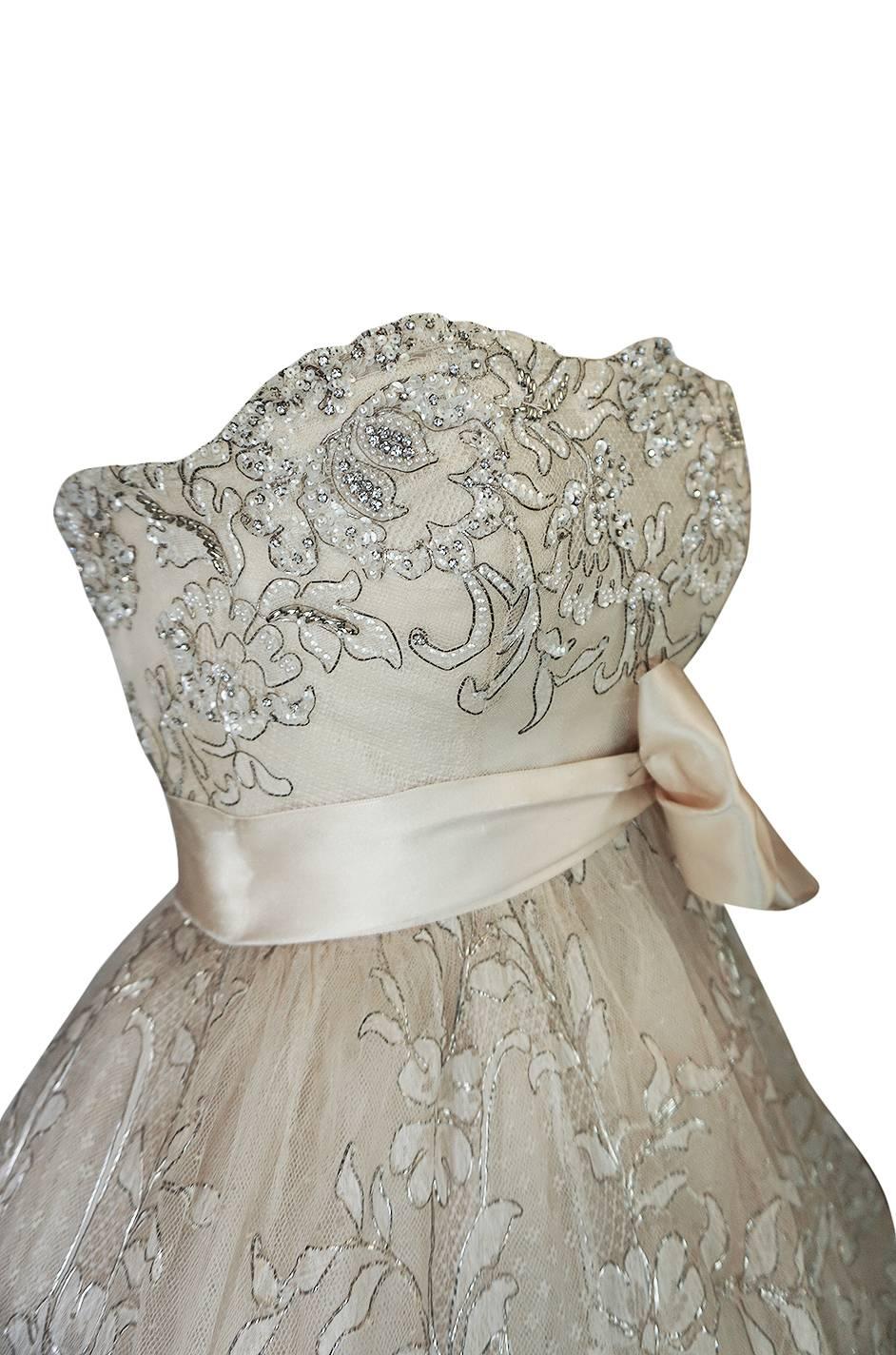 Spring 1959 Christian Dior Haute Couture Ivory & Silver Lace Dress 1