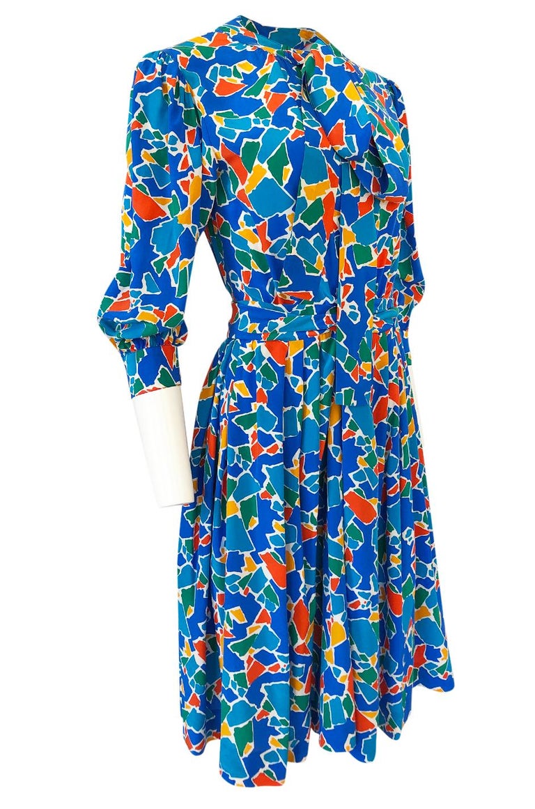 Spring 1983 Yves Saint Laurent Silk Multi Color Print on Blue Dress at ...