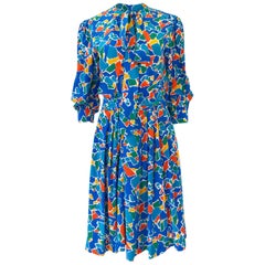 Spring 1983 Yves Saint Laurent Silk Multi Color Print on Blue Dress