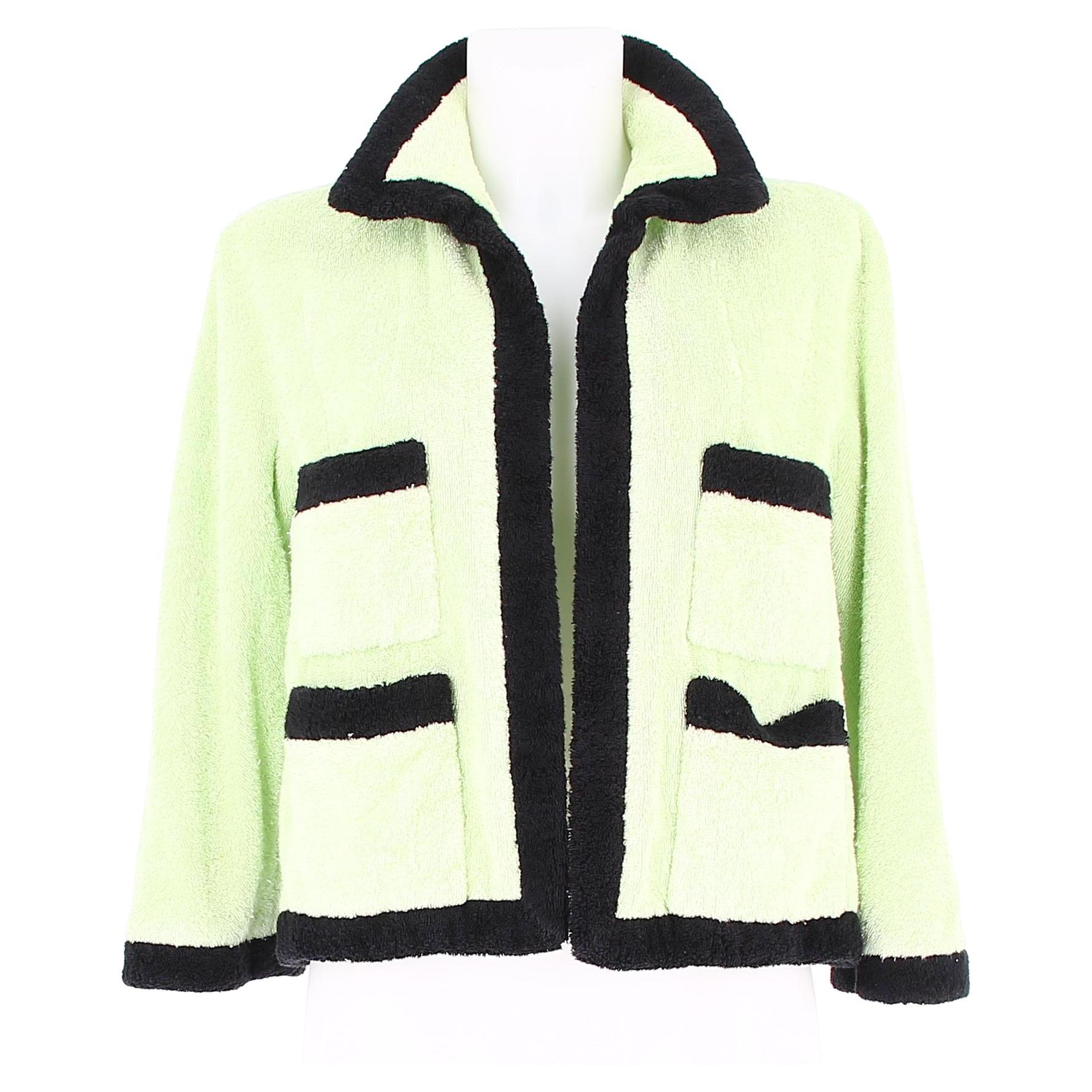 Spring 1992 Chanel Green and Black Terrycloth Jacket For Sale at 1stDibs