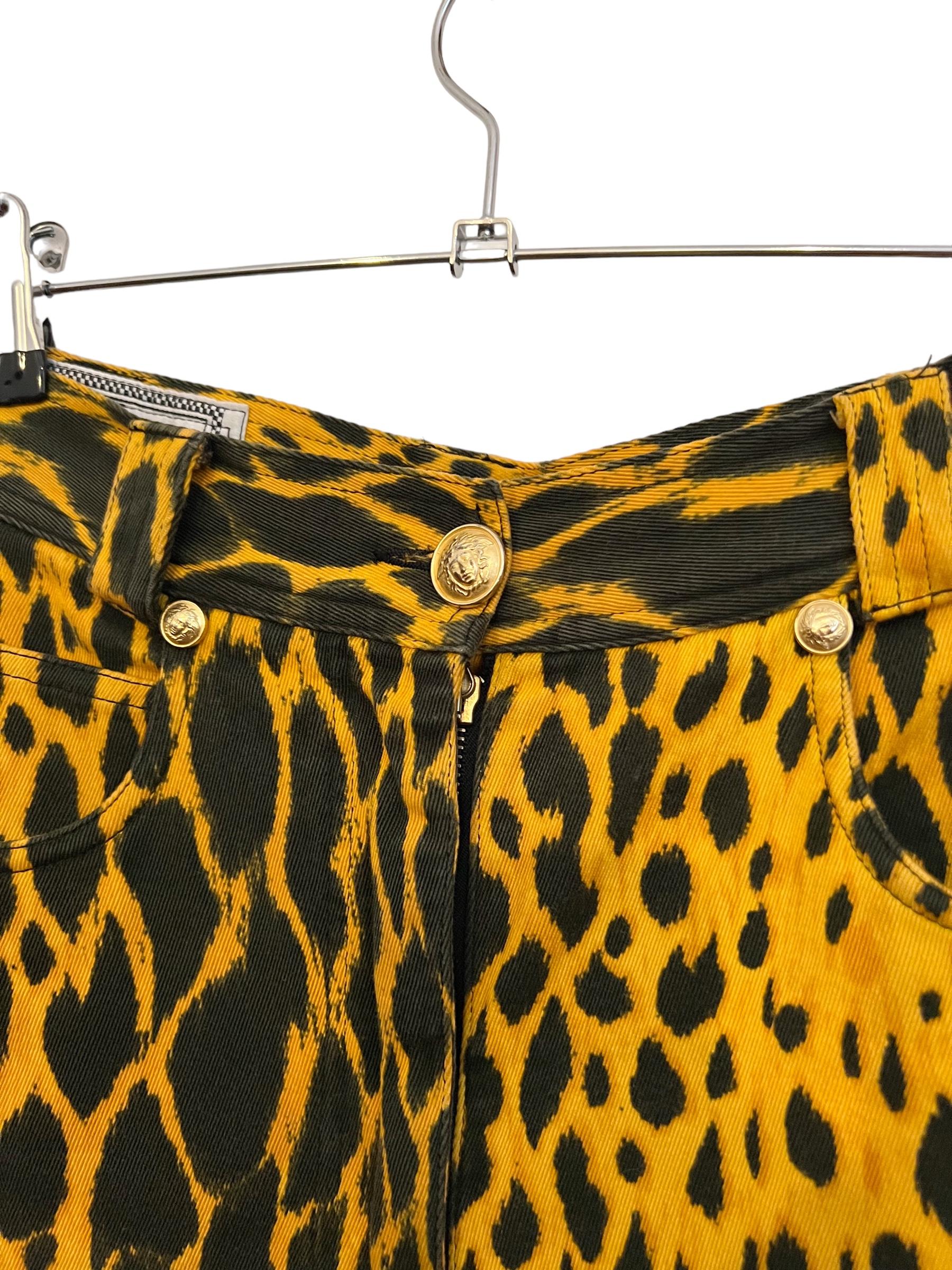 Brown Spring 1992 Gianni Versace Runway Cheetah Leopard High waisted patterned Jeans For Sale
