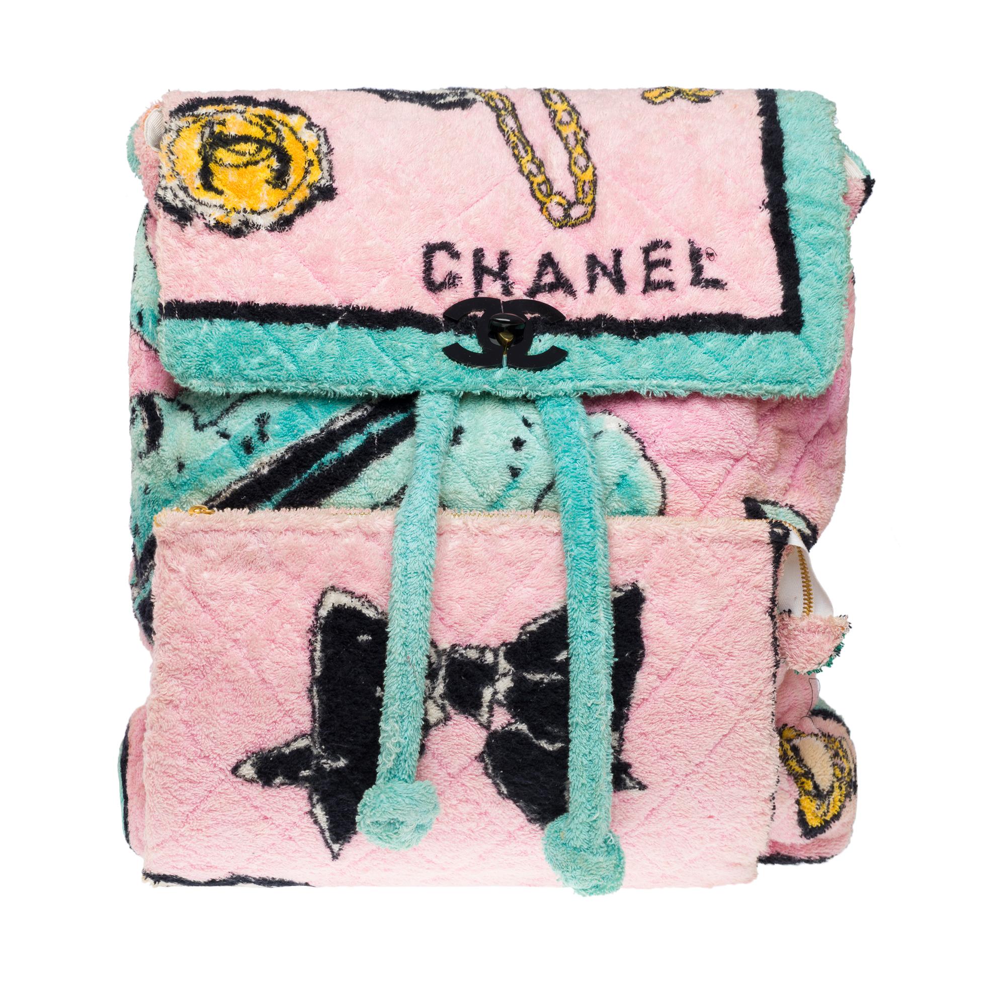 Vert Printemps 1994 Collector Chanel Grand sac à dos en tissu éponge rose et turquoise en vente
