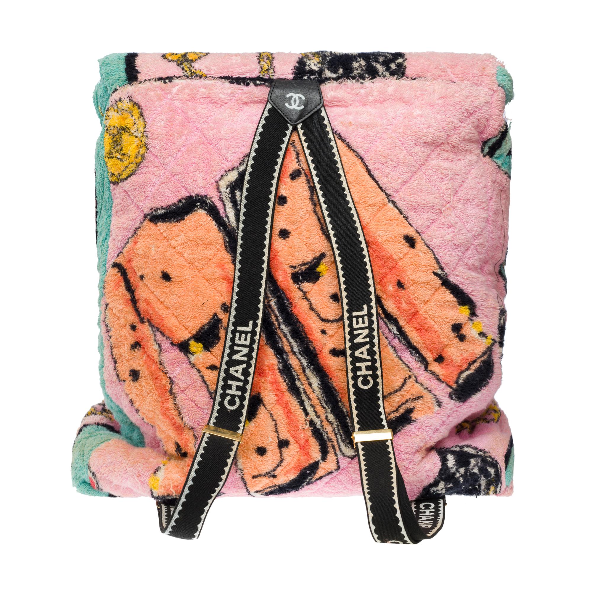 Printemps 1994 Collector Chanel Grand sac à dos en tissu éponge rose et turquoise Bon état - En vente à Paris, IDF