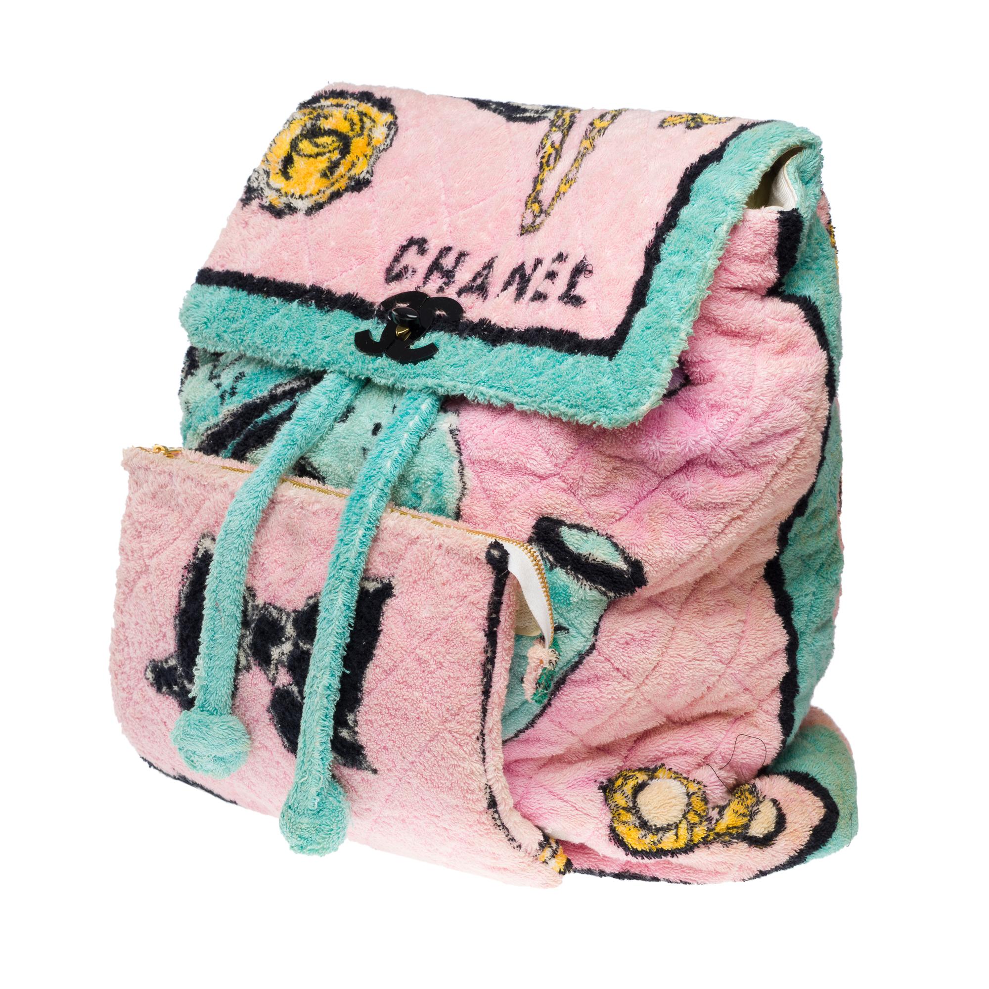 Printemps 1994 Collector Chanel Grand sac à dos en tissu éponge rose et turquoise Unisexe en vente
