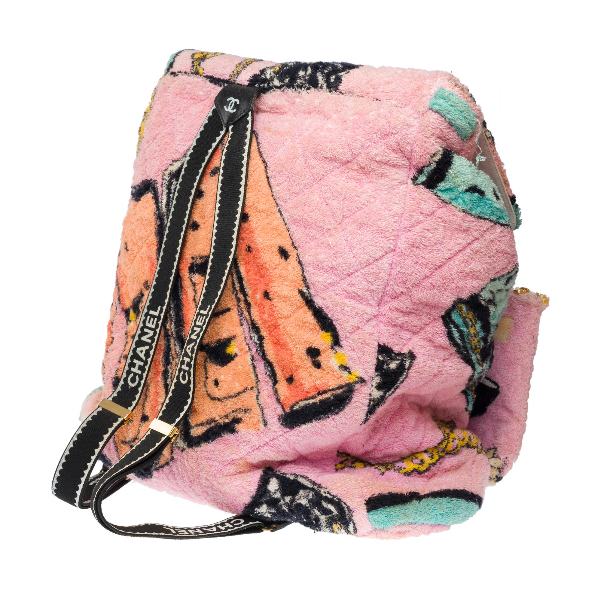 Printemps 1994 Collector Chanel Grand sac à dos en tissu éponge rose et turquoise en vente 1