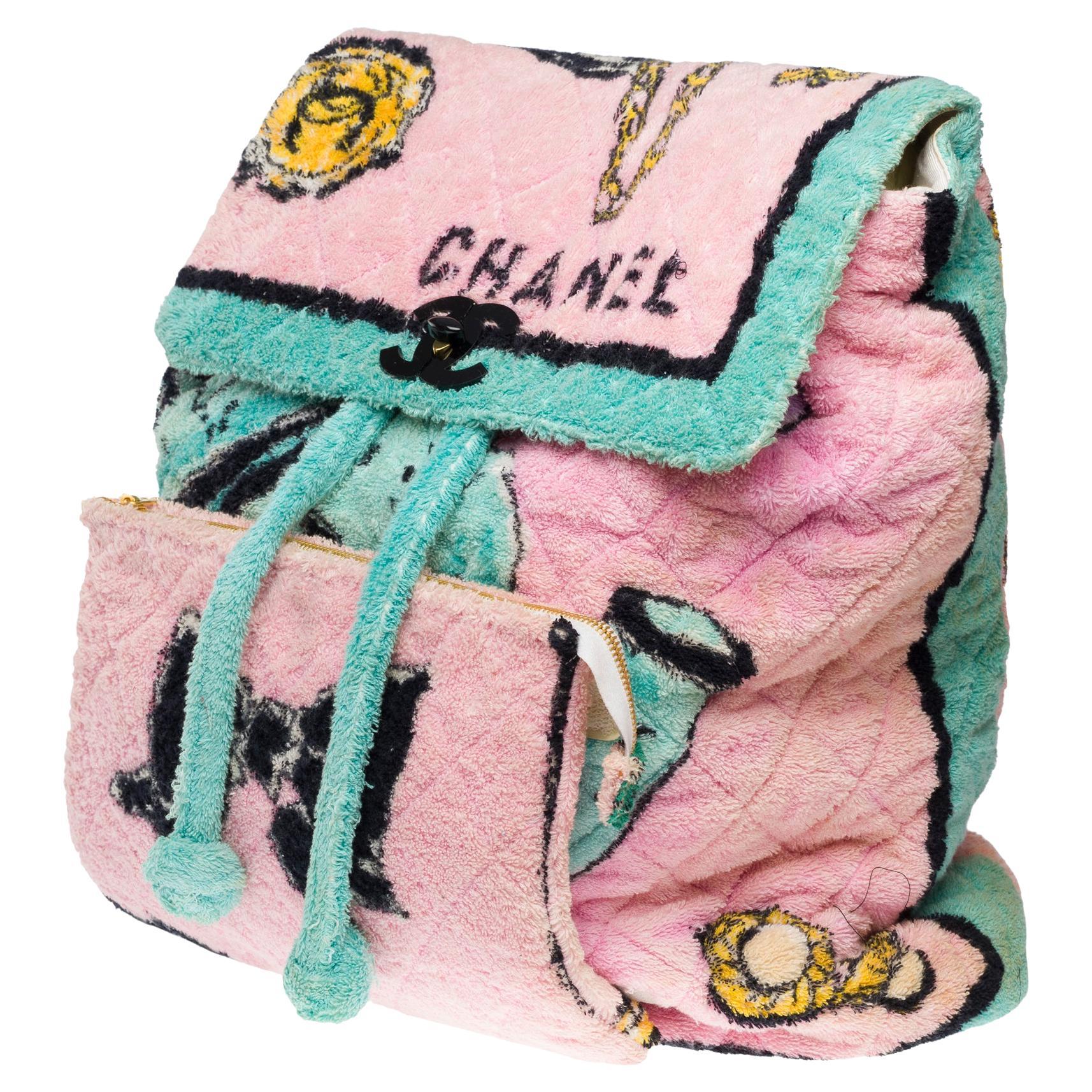 Spring 1994 Collector Chanel Pink and Turquoise Terry Cloth Large Backpack