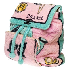 Spring 1994 Collector Chanel Pink and Turquoise Terry Cloth Large Backpack