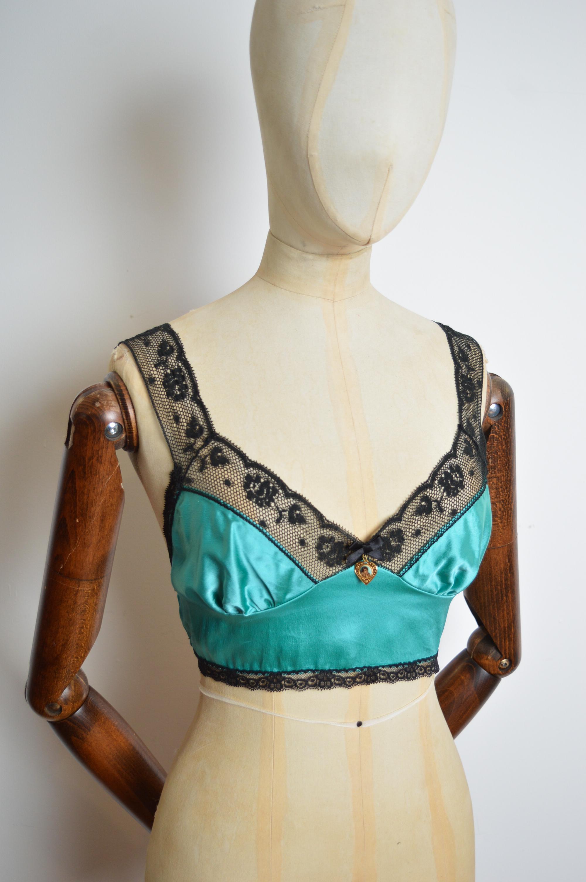 Spring 1995 Dolce & Gabbana Turquoise Satin & Black Lace Camisole Bra / Crop Top For Sale 9