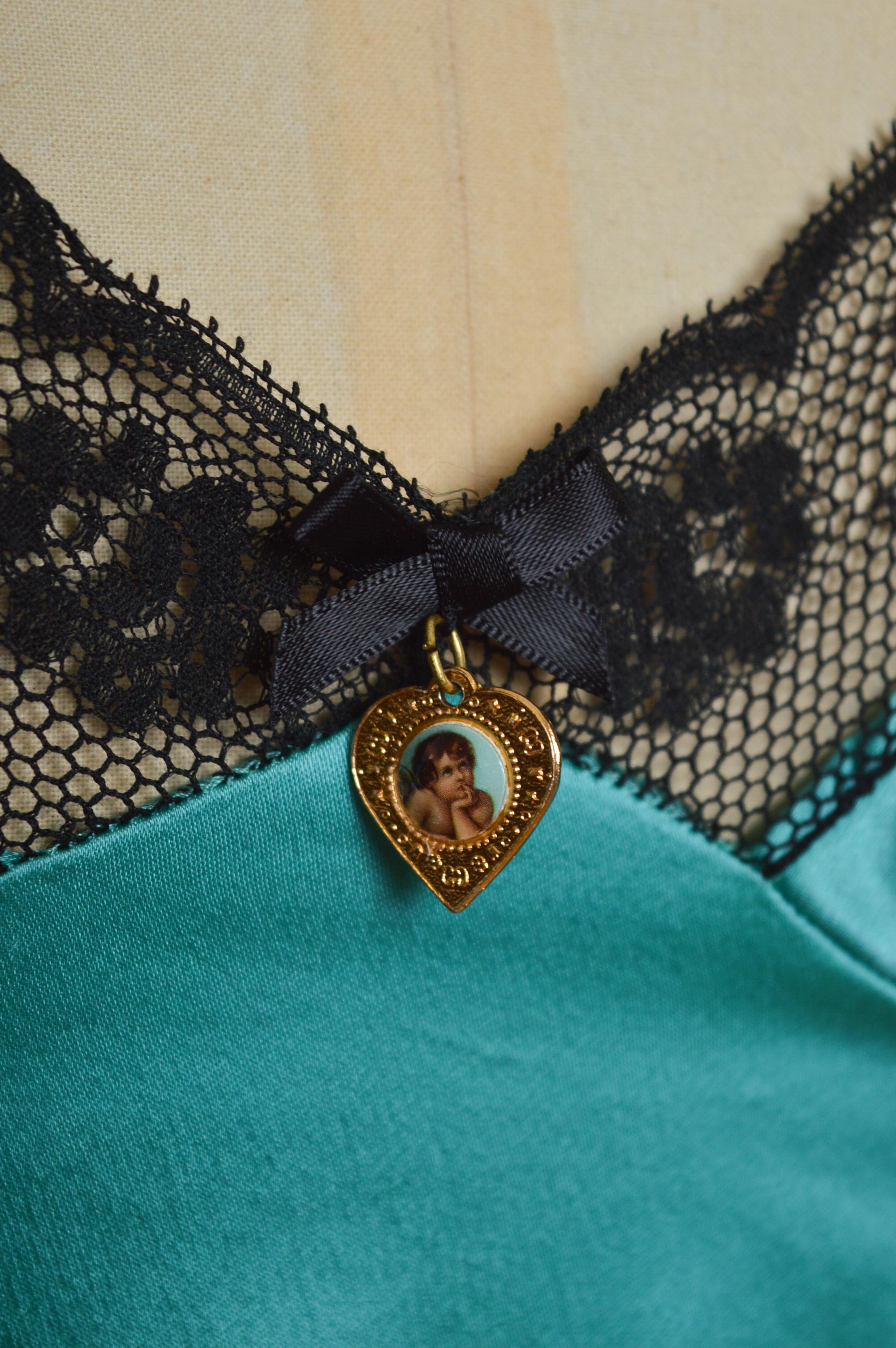 Green Spring 1995 Dolce & Gabbana Turquoise Satin & Black Lace Camisole Bra / Crop Top For Sale