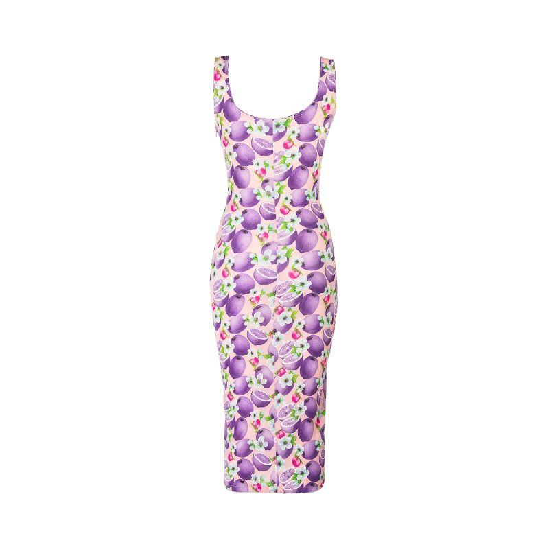 S/S 1995 Gianni Versace pink and purple lemon and floral patterned midi dress. Light stretch chiffon with scoop neck midi dress with concealed zip closure at side. As seen on Kate Moss on the runway.

Additional information:
Size not marked, fits