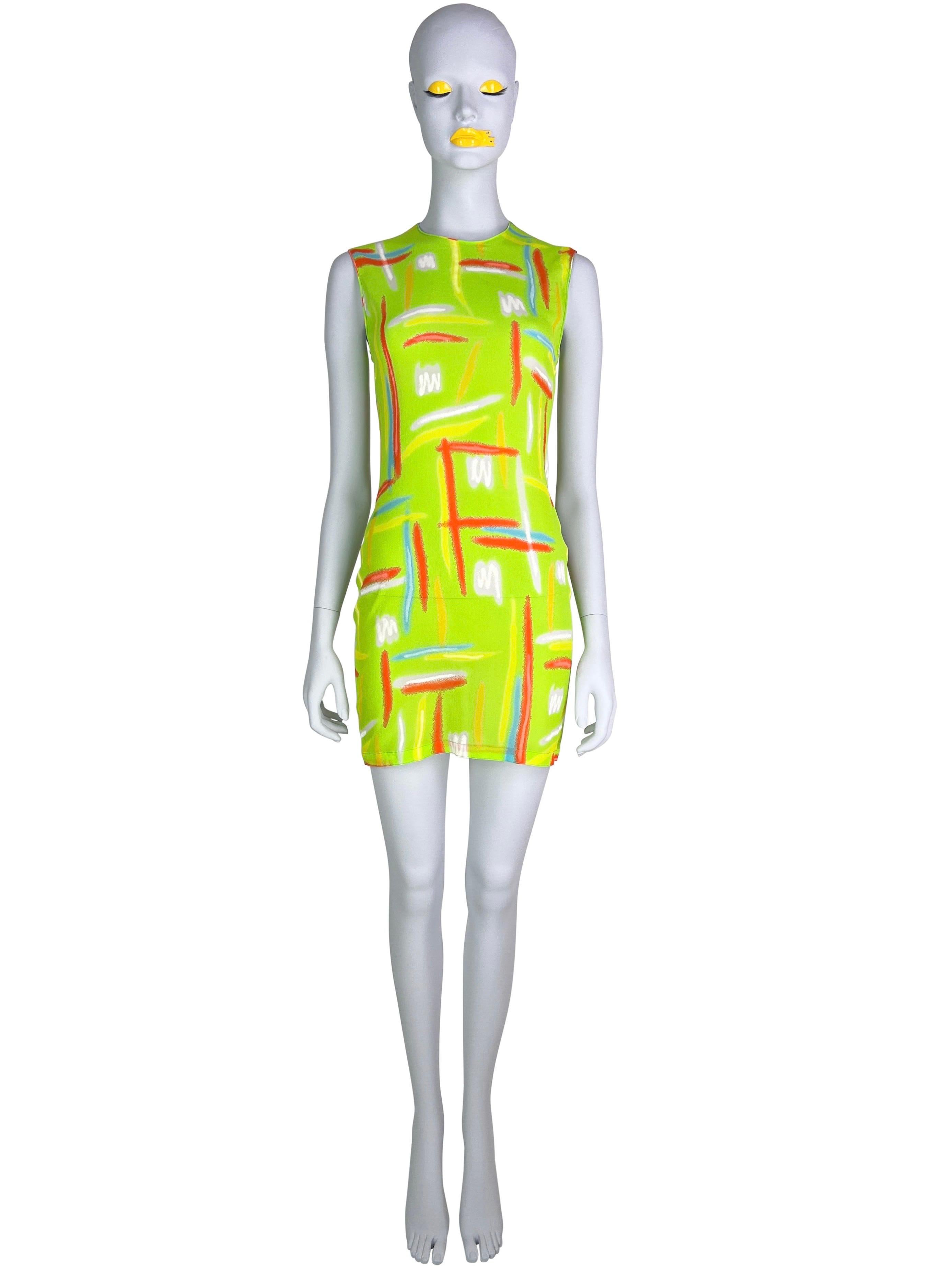 Yellow Spring 1996 Gianni Versace Couture Neon Green Highlighter Print Silk Dress For Sale