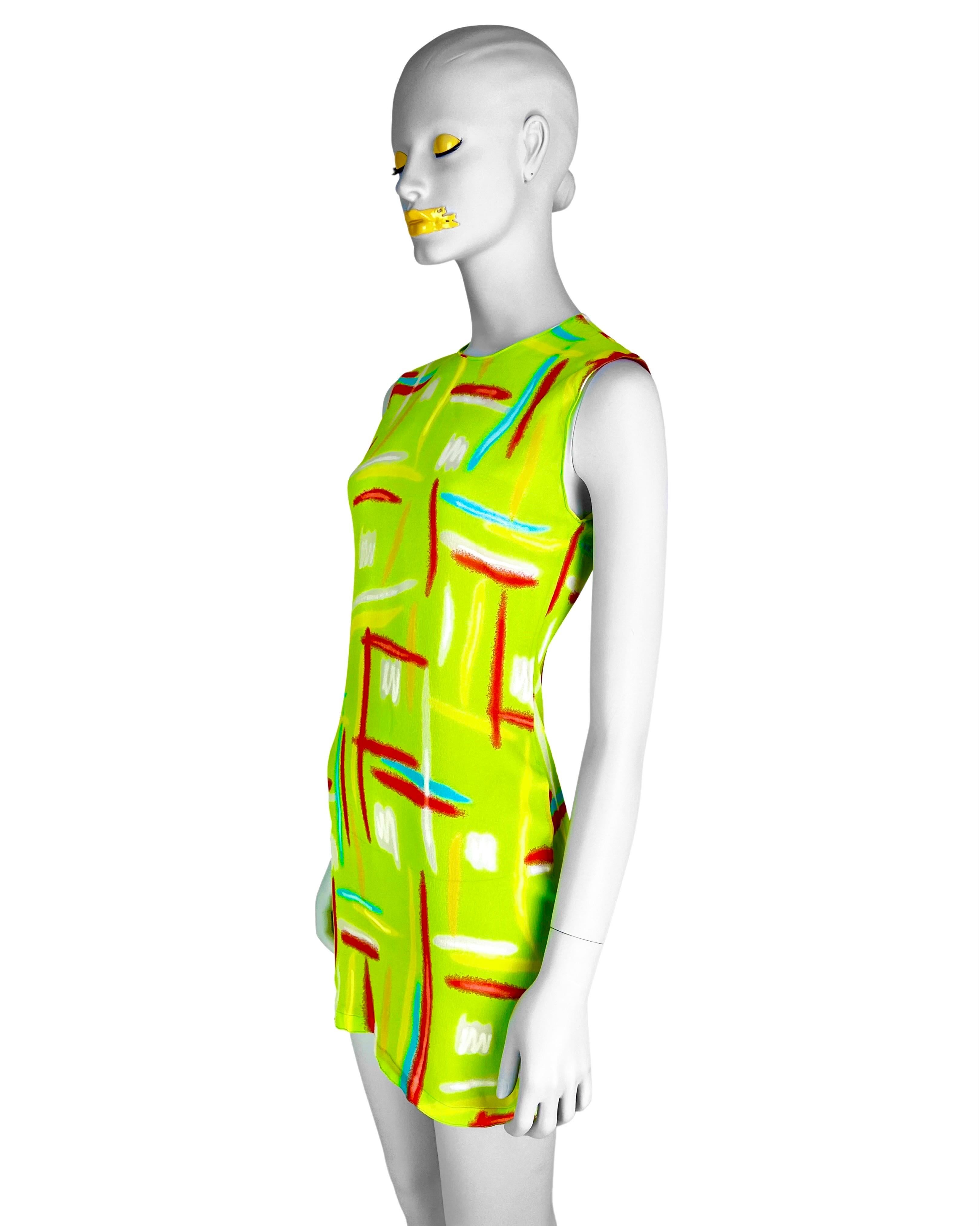 Spring 1996 Gianni Versace Couture Neon Green Highlighter Print Silk Dress For Sale 1