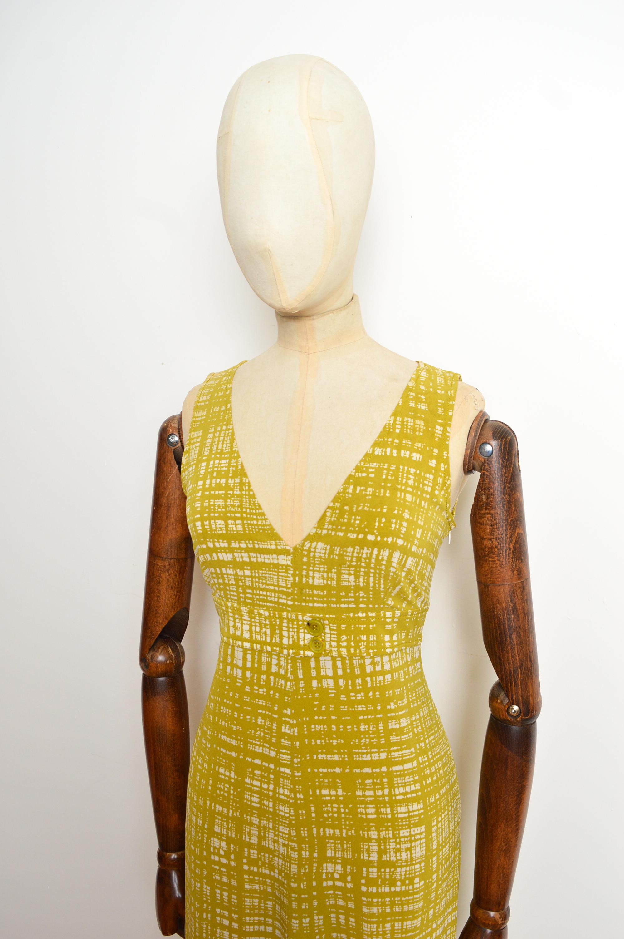 Spring 1996 PRADA Chartreuse Green Silk Abstract Print Maxi Dress For Sale 7