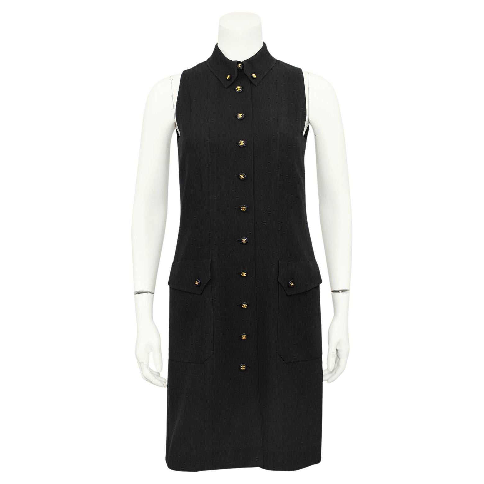 Spring 1997 Chanel Black Sleeveless Crepe Shirtdress For Sale