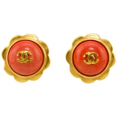 Spring 1997 Chanel Flower Shaped Gold and Coral Earrings 