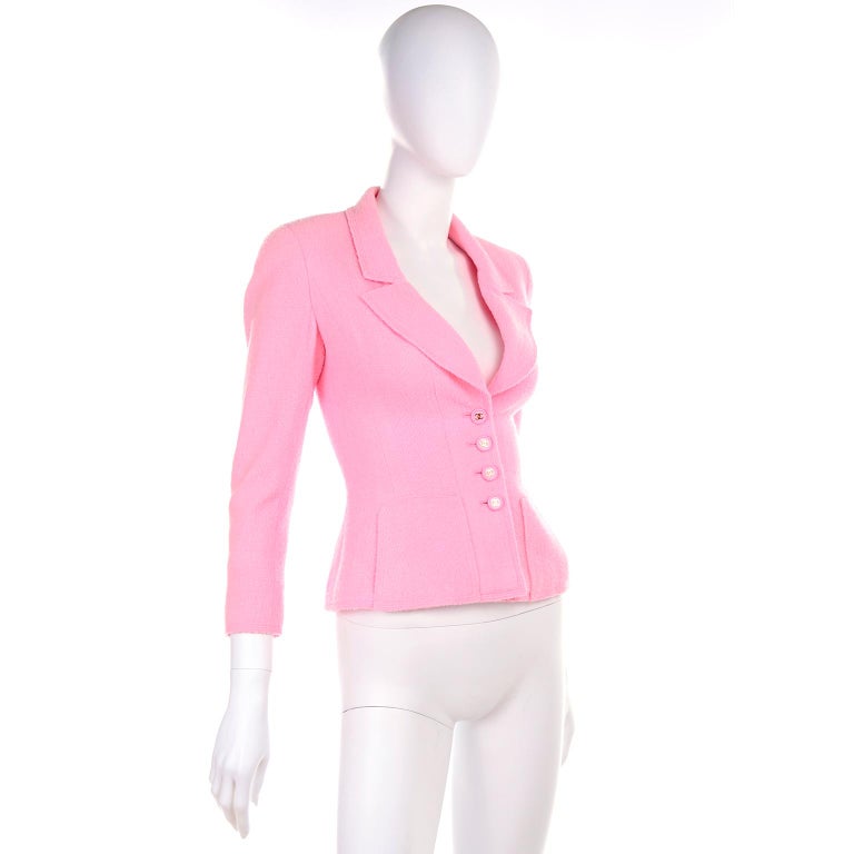 Spring 1997 Vintage Chanel Boucle Jacket in Bubble Gum Pink at 1stDibs
