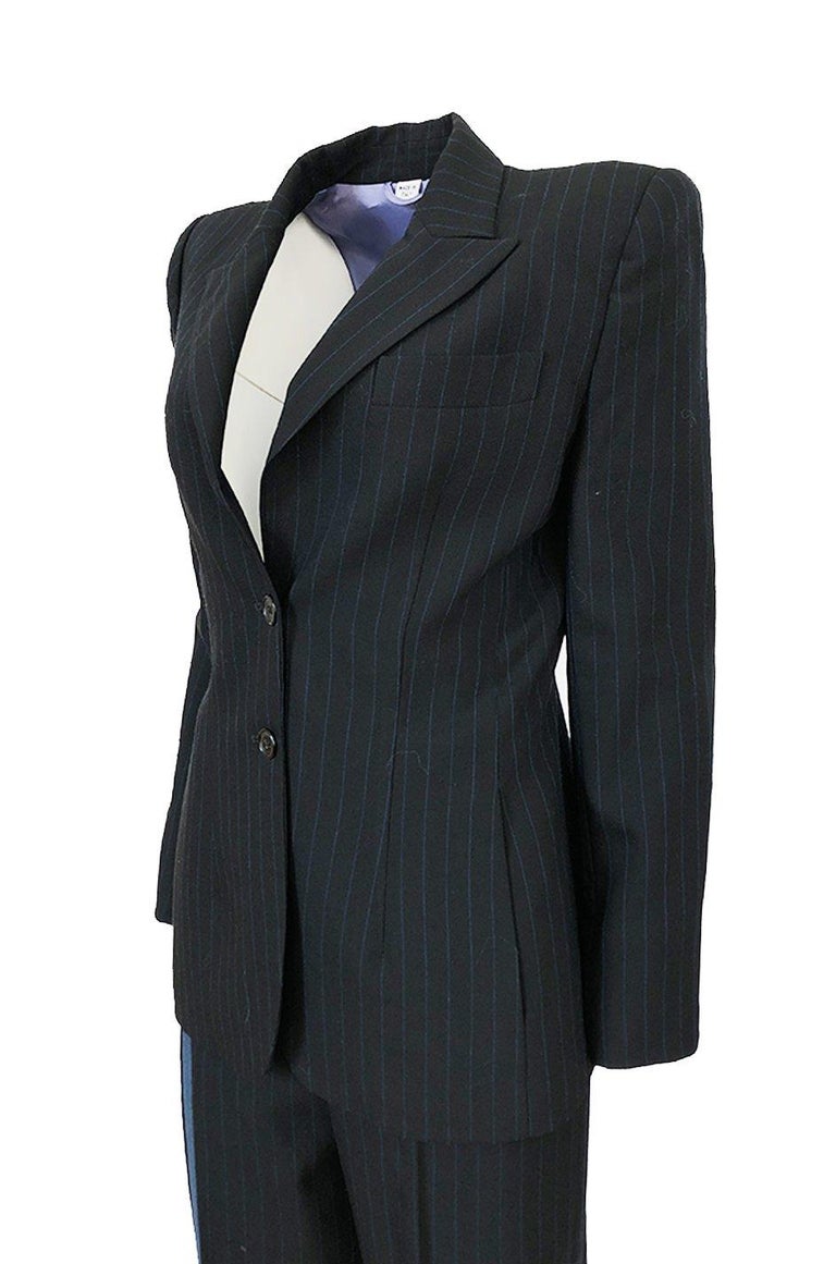 Spring 1998 Alexander McQueen 'Untitled' Collection Blue Detailed Pinstripe Suit For Sale at 1stdibs