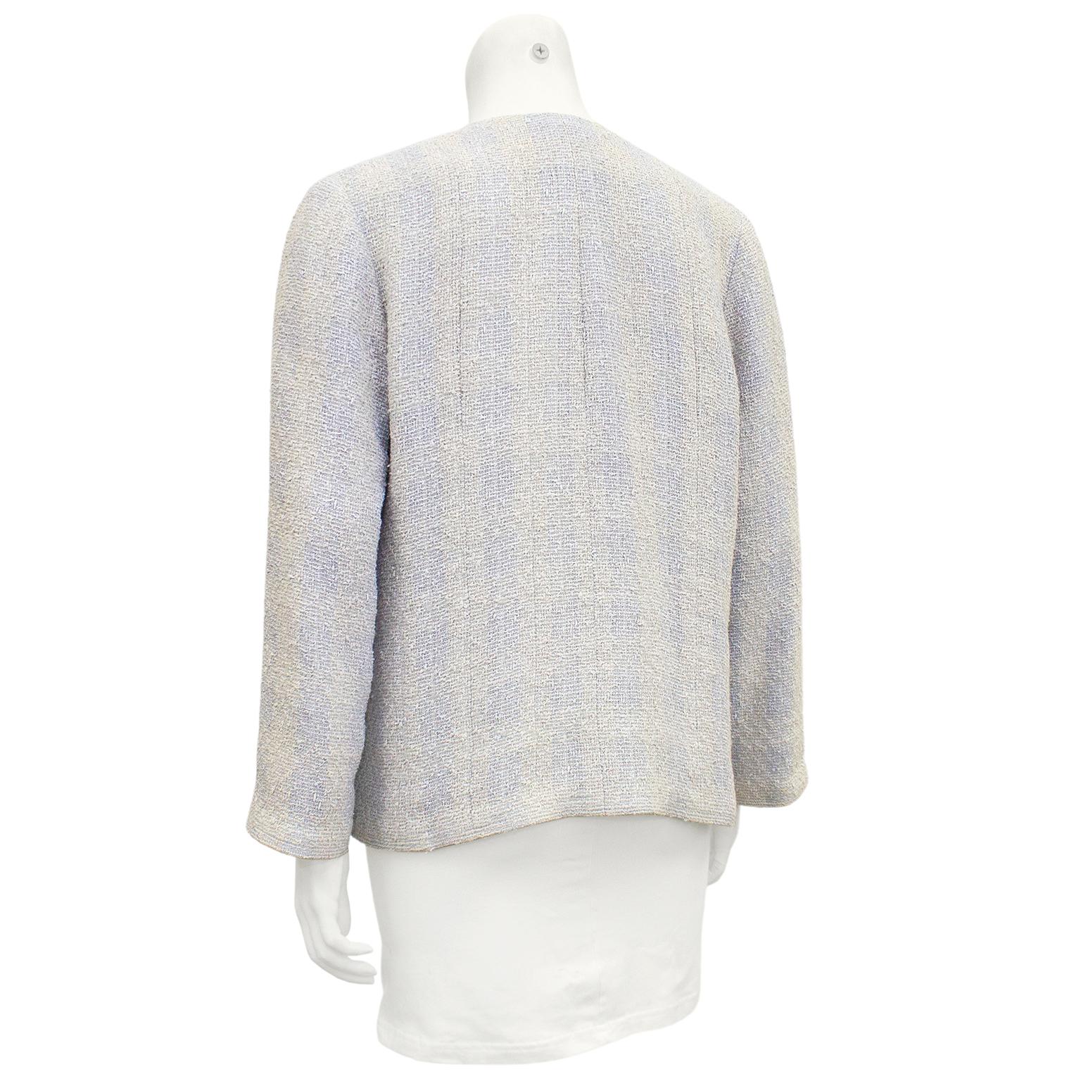 Gray Spring 1999 Chanel Beige and Blue Open Front Tweed Jacket