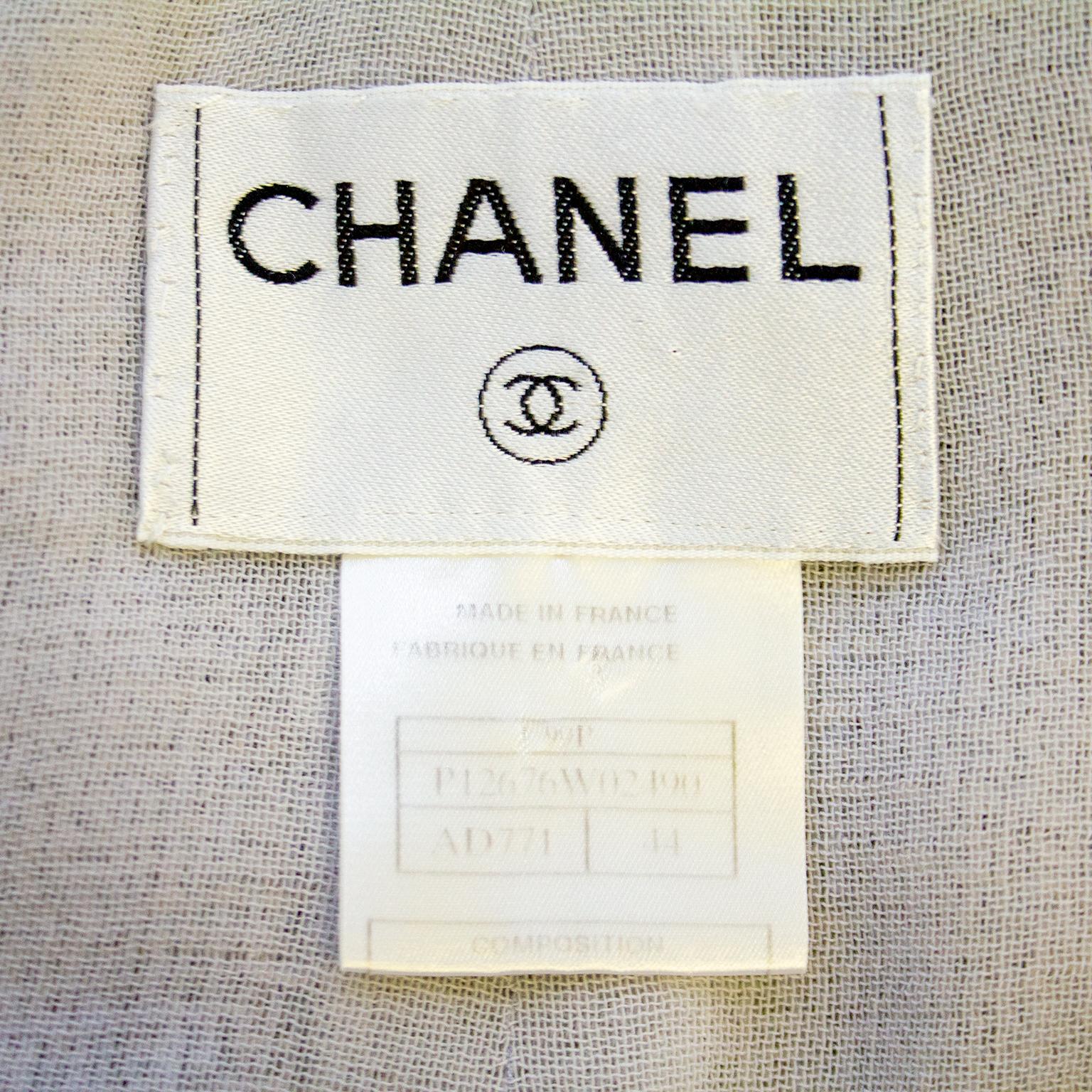Spring 1999 Chanel Beige and Blue Open Front Tweed Jacket 1