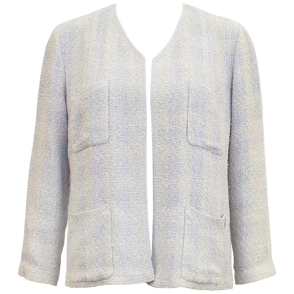 Spring 1999 Chanel Beige and Blue Open Front Tweed Jacket