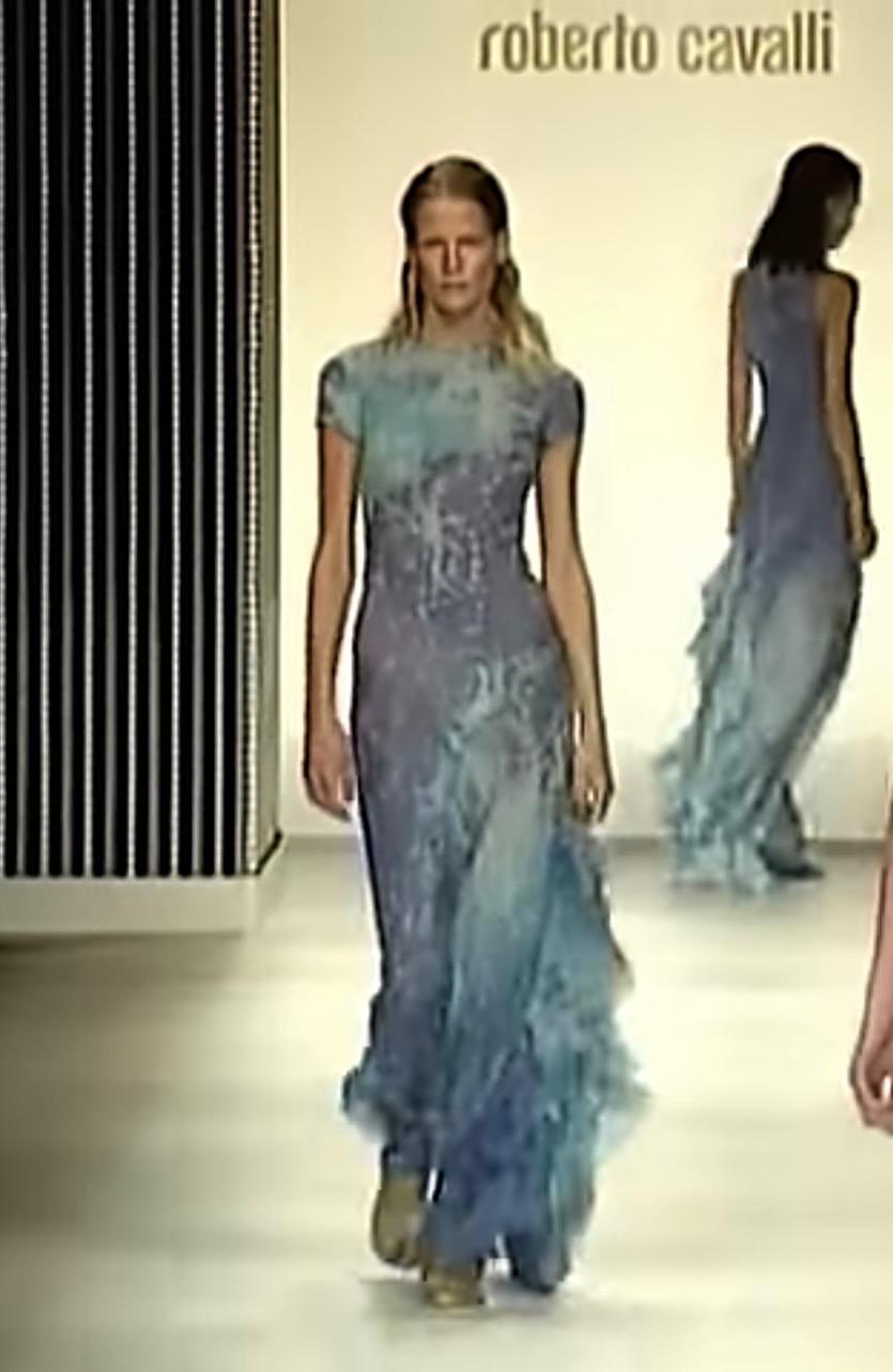 A stunning silk chiffon, semi-sheer t-shirt sleeve gown as seen on the runway of Roberto Cavalli Spring 1999 collection.

The fabric has reflective thread and bits of glitter all over it which gives a dress a delicate sparkle. 

Size Small, fits