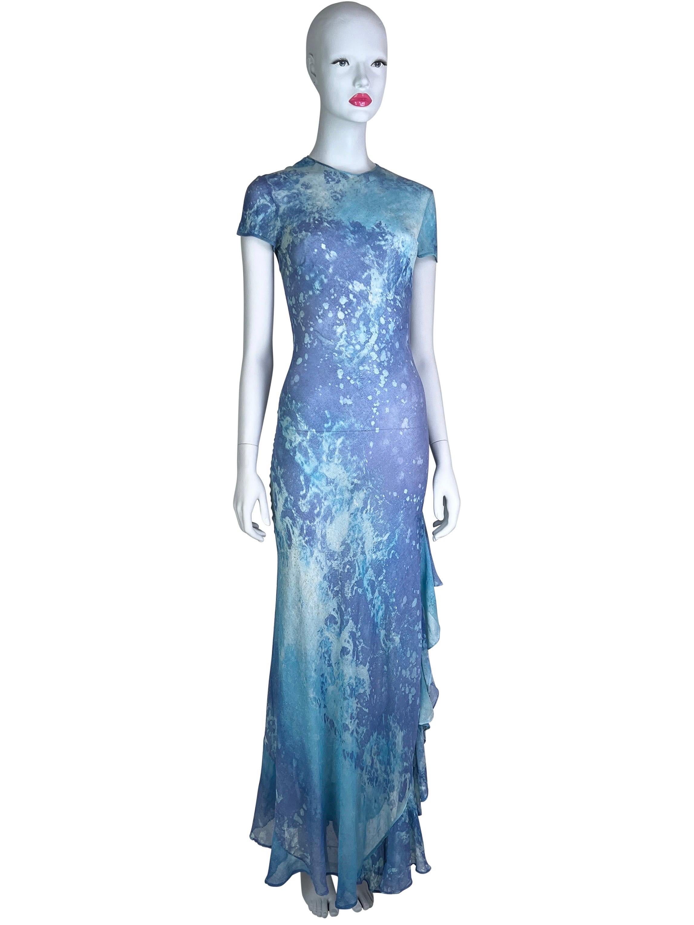 Blue Spring 1999 Roberto Cavalli Watercolor Print Silk Gown For Sale