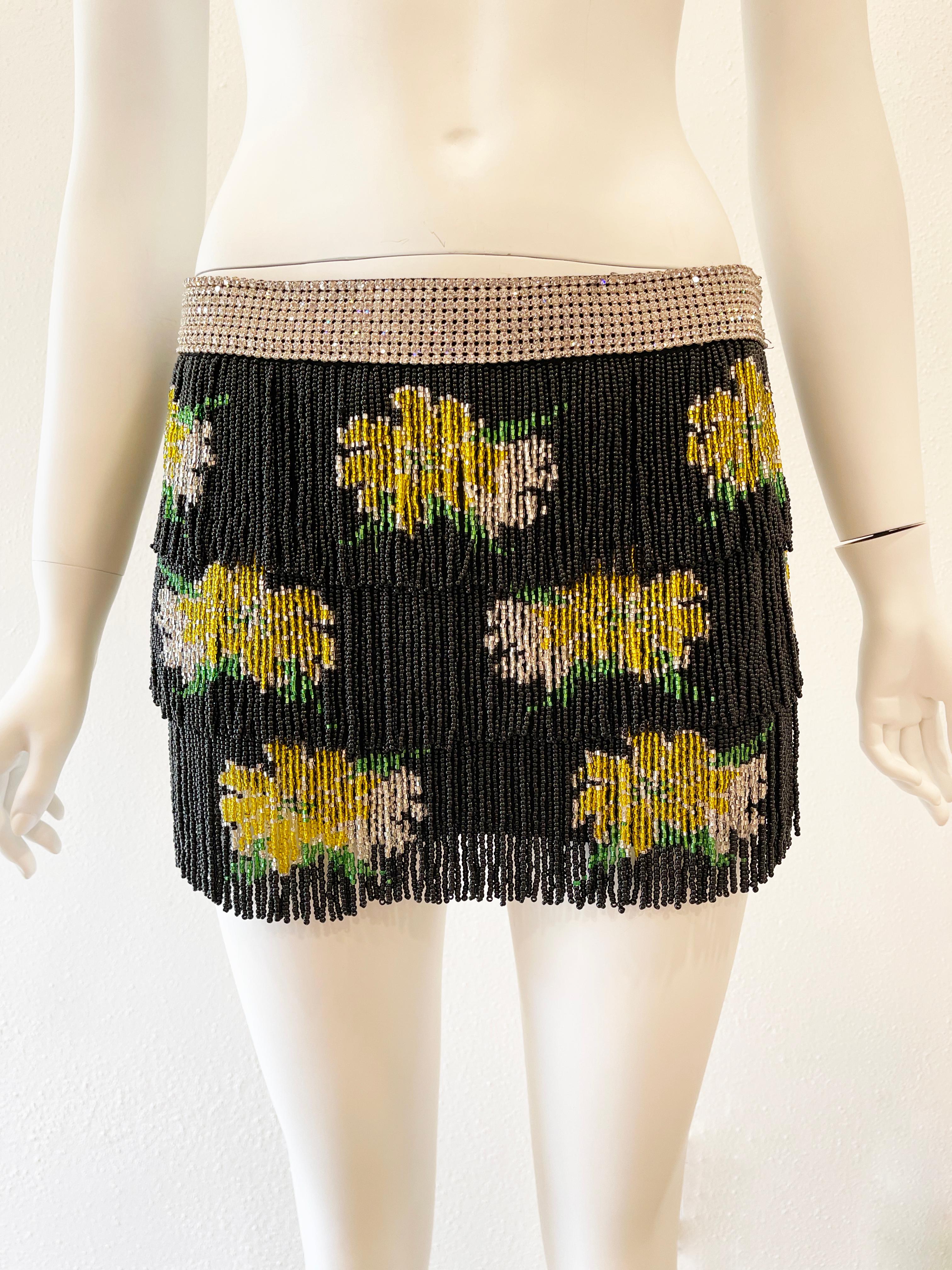 Beige Spring 2000 Dolce & Gabbana silk beaded fringe mini skirt